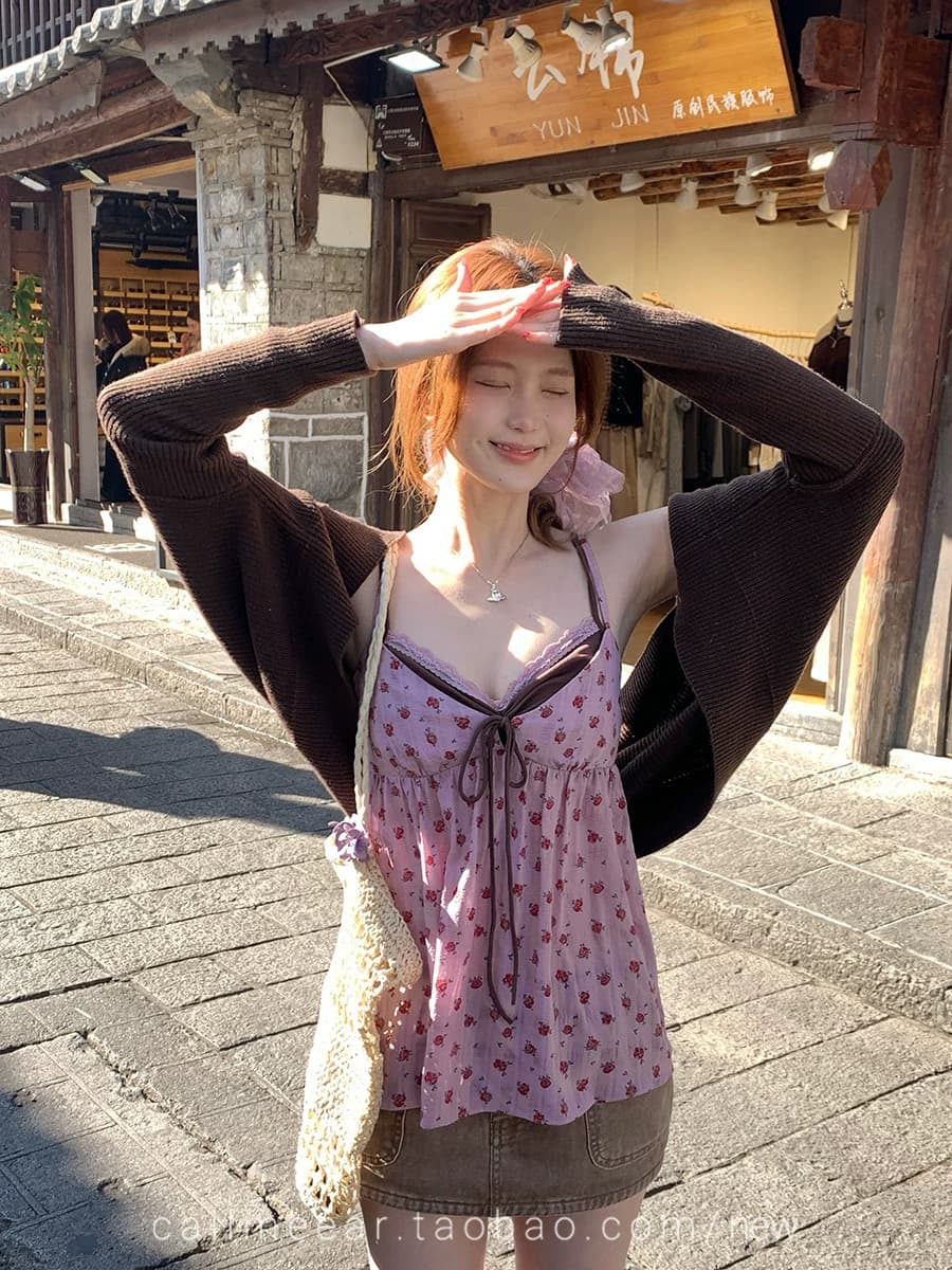 callmeear 오리지널 배색 꽃무늬 슬립 페이크 레이어드 V넥 순수한 욕망 조끼 여성 여성 달콤함 맨위 상세 이미지 5