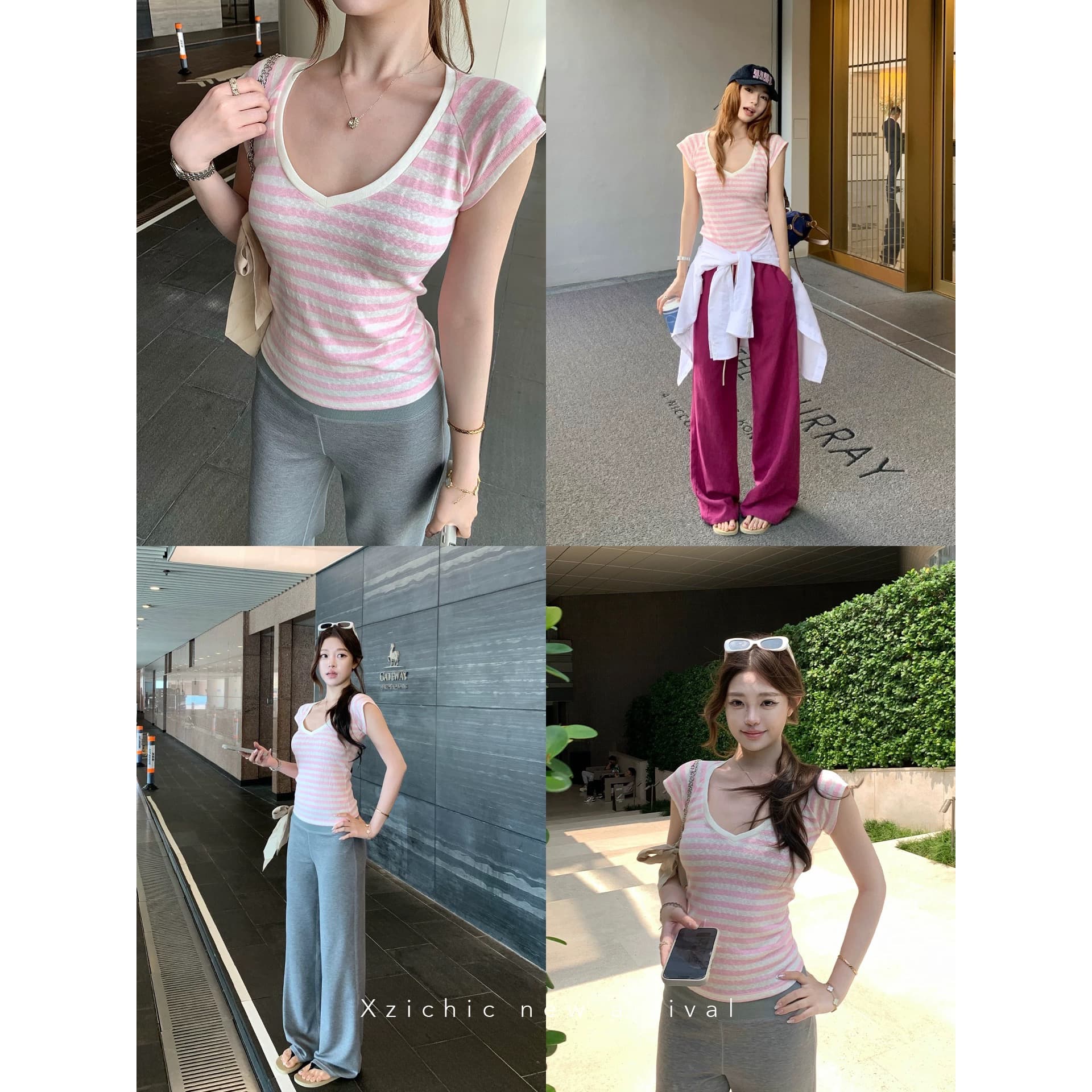 xzichic 4.7 20 점 아름다움 높음 t 달콤한 자매 센스 줄무늬 심장 모양 네클라인 반팔 티셔츠 슬림해 보이는 맨위 여성 이미지 5