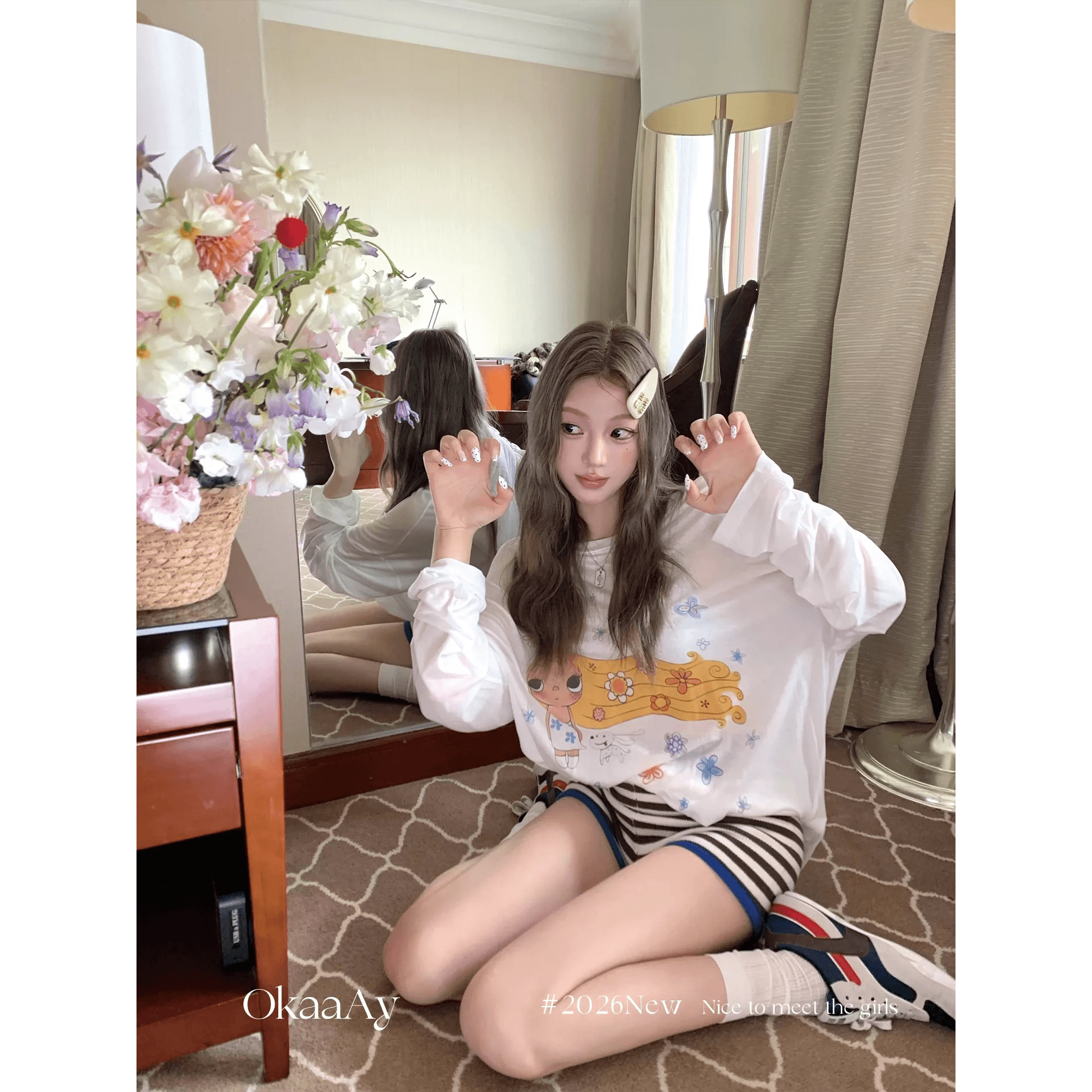 okaaay 여름 한 부서 느긋한 작은 옥 재미있는 프린트 자외선 차단 티셔츠 여성 루즈핏 얇은 스타일 긴팔 맨위 블라우스 이미지 5