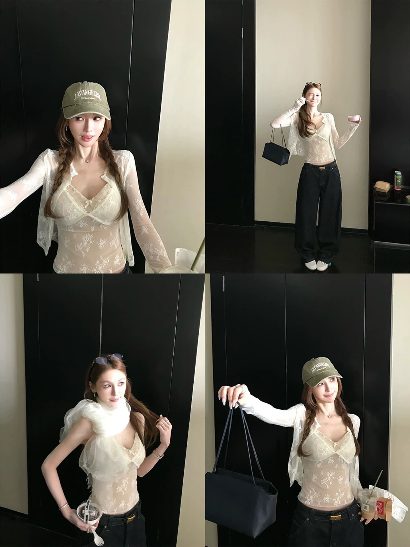 skk store 소녀 마음 민소매 작은 셔츠 순수한 욕망 망사 자카드 레이스 캐미솔 오픈 가디건 이미지 4