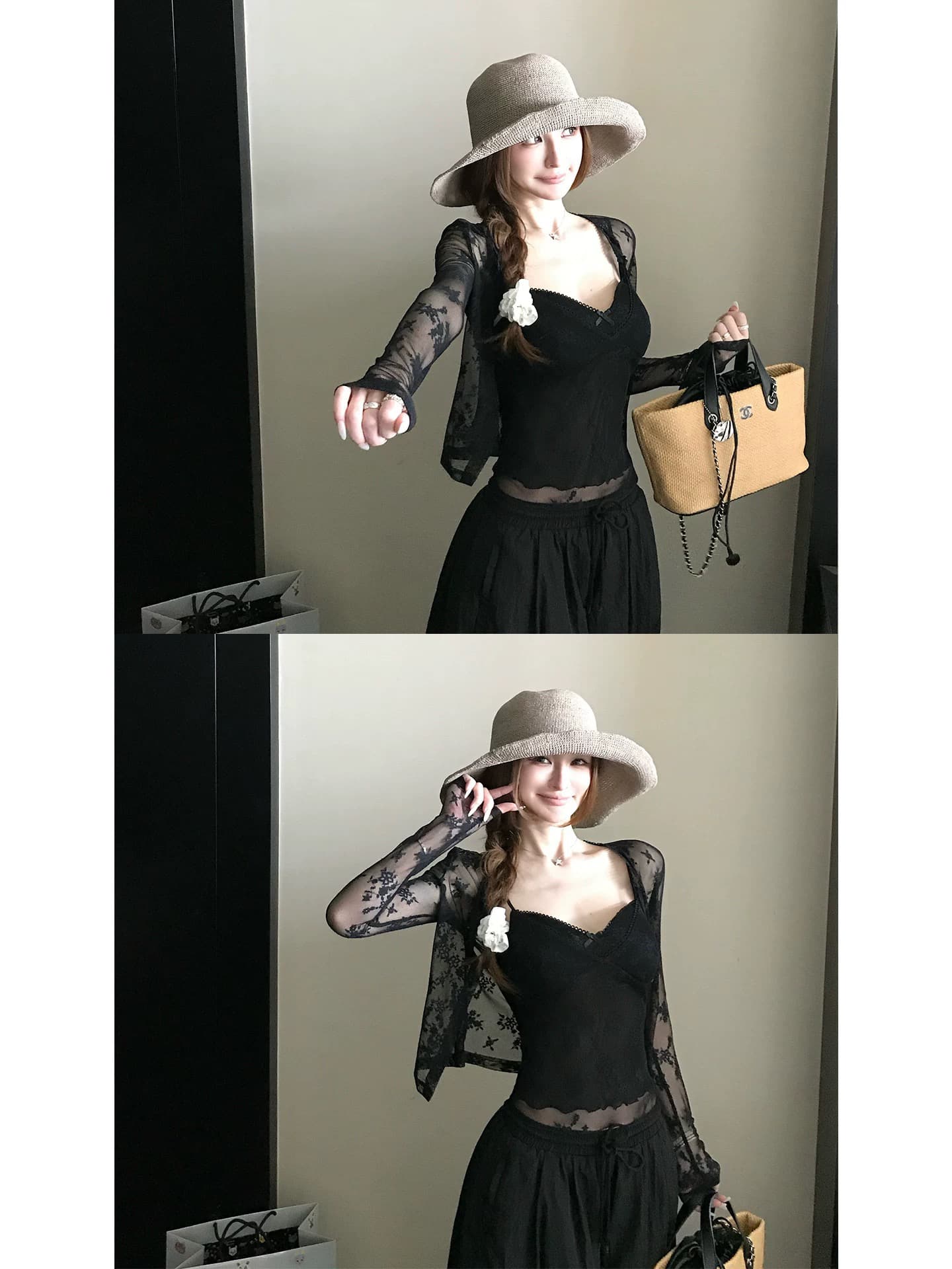 skk store 소녀 마음 민소매 작은 셔츠 순수한 욕망 망사 자카드 레이스 캐미솔 오픈 가디건 상세 이미지 5