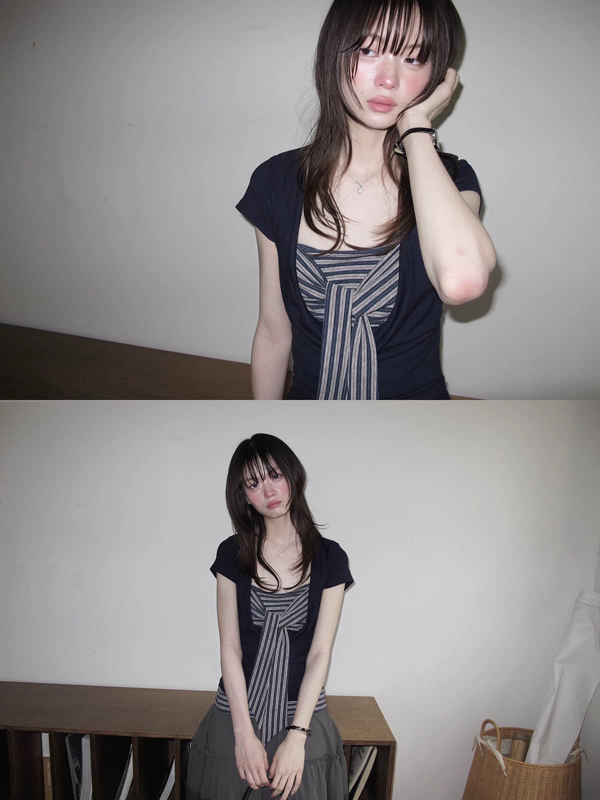 다우 시시 일광 틈 블루 레트로 학원 스타일 가슴 나비 레이스업 맨위 여름 허리 측면 펌프 Pleat 티셔츠 이미지 3