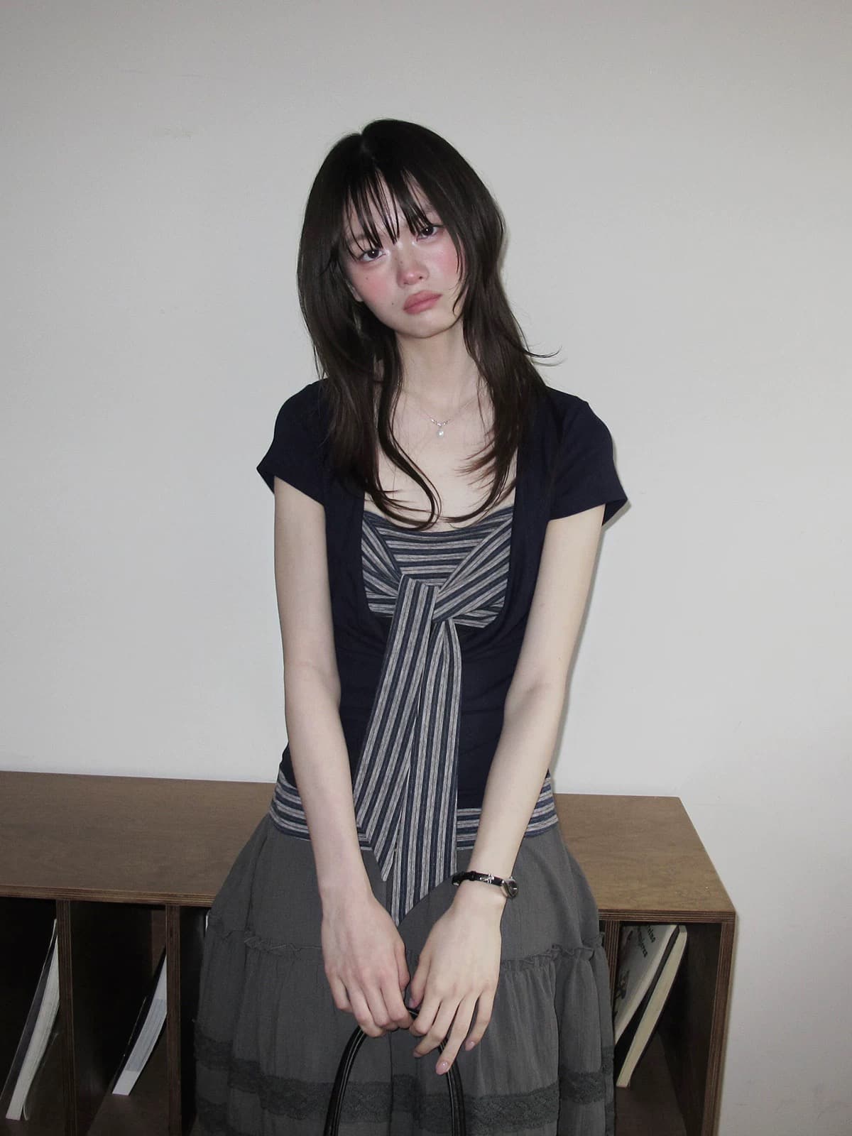 다우 시시 일광 틈 블루 레트로 학원 스타일 가슴 나비 레이스업 맨위 여름 허리 측면 펌프 Pleat 티셔츠 상세 이미지 1