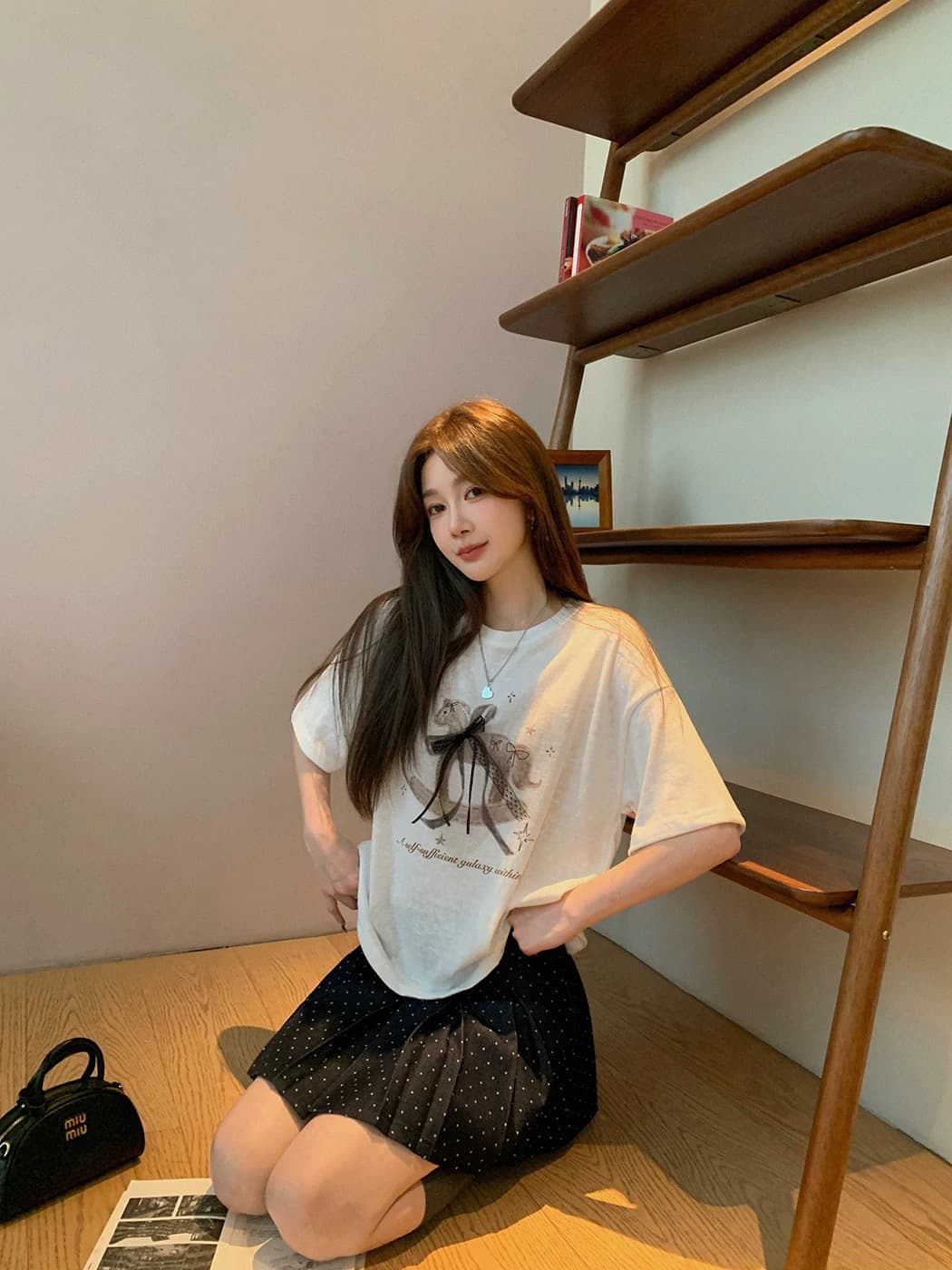 장 베이 베이 ibell 레이스 나비 매듭 리본 트로이 목마 프린트 t 얇은 스타일 슬림해 보이는 라운드 넥 가을 어깨 반팔 맨위 여성 상세 이미지 2