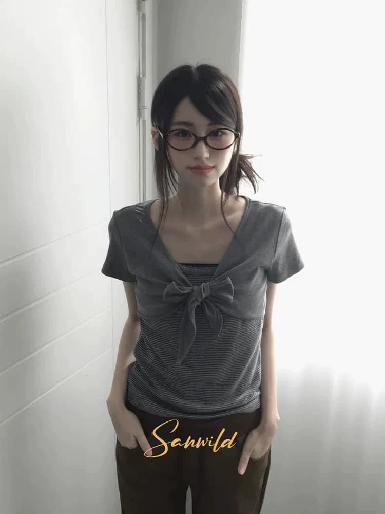 sanwild 한 부서 작은 대중 다용도 레트로 스트라이프 나비 매듭 스트랩 디자인 센스 쇼트 스타일 반팔 티셔츠 맨위 여성 상세 이미지 2