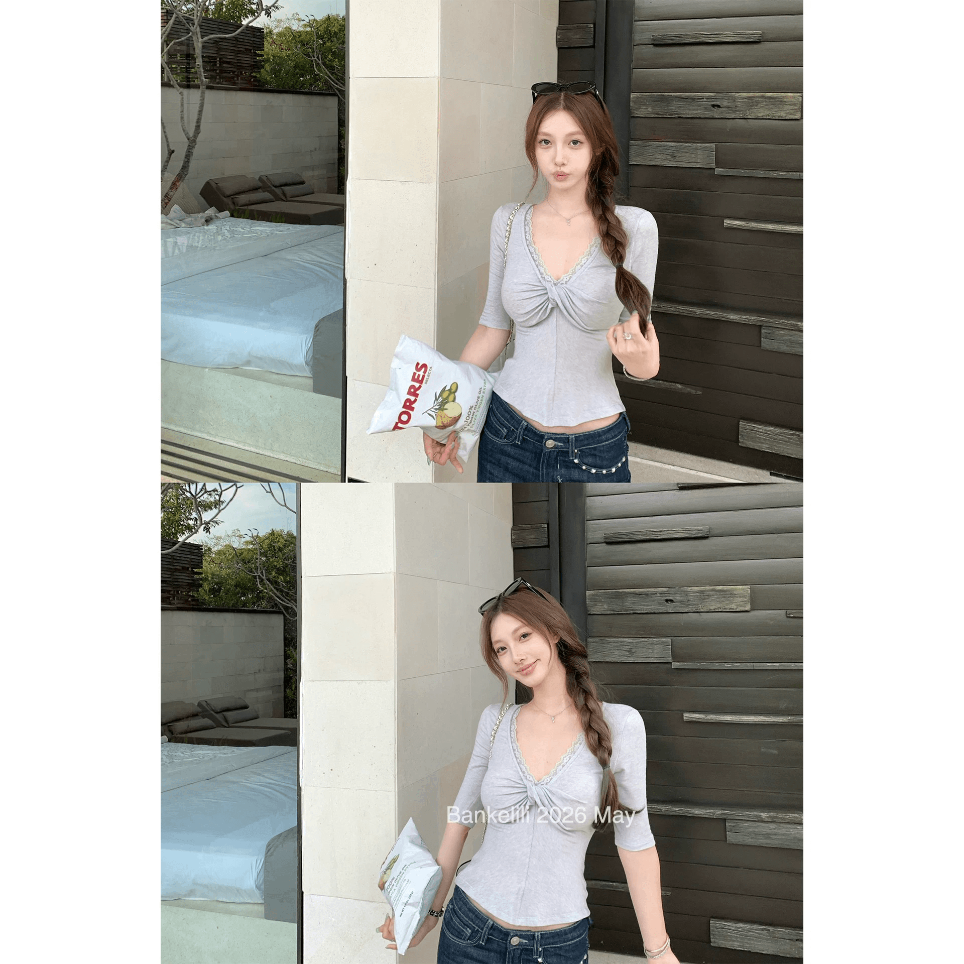 밤나무 코코아 bankelili 트위스트 종이 사람들 주간 실크 양모 순수한 욕망 비틀림 레이스 V넥 반팔 티셔츠 이미지 5
