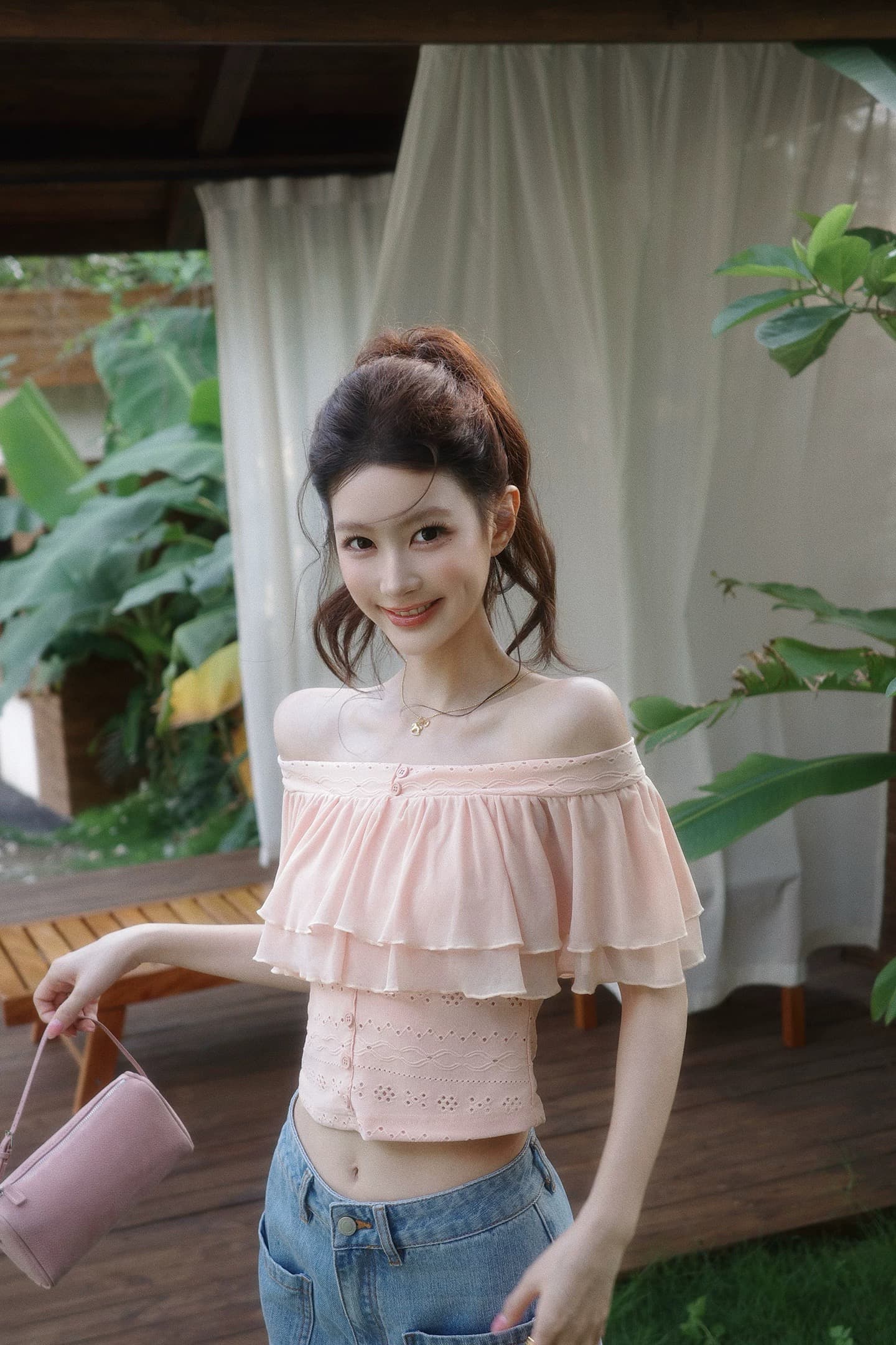 감사합니다. 아니요 고기 프릴 오프숄더 쇼트 스타일 티셔츠 여성 여름 캐주얼 바람 계층의 감각 디자인 센스 몸매 가꾸기 맨위 상세 이미지 6