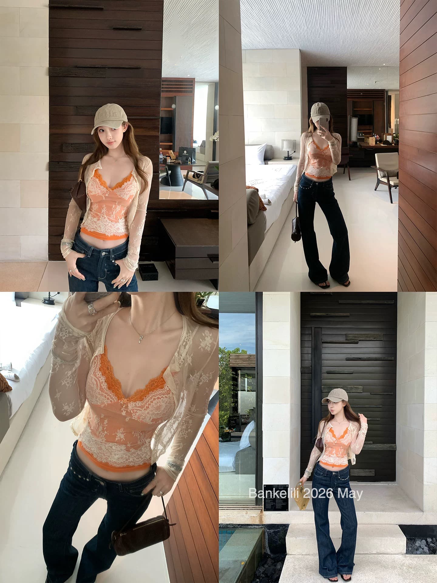 밤나무 코코아 bankelili 暮 빛 소녀 순수한 욕망 레이스 자카드 슬립 레이스 오픈 가디건 두 조각 여성 세트 이미지 3