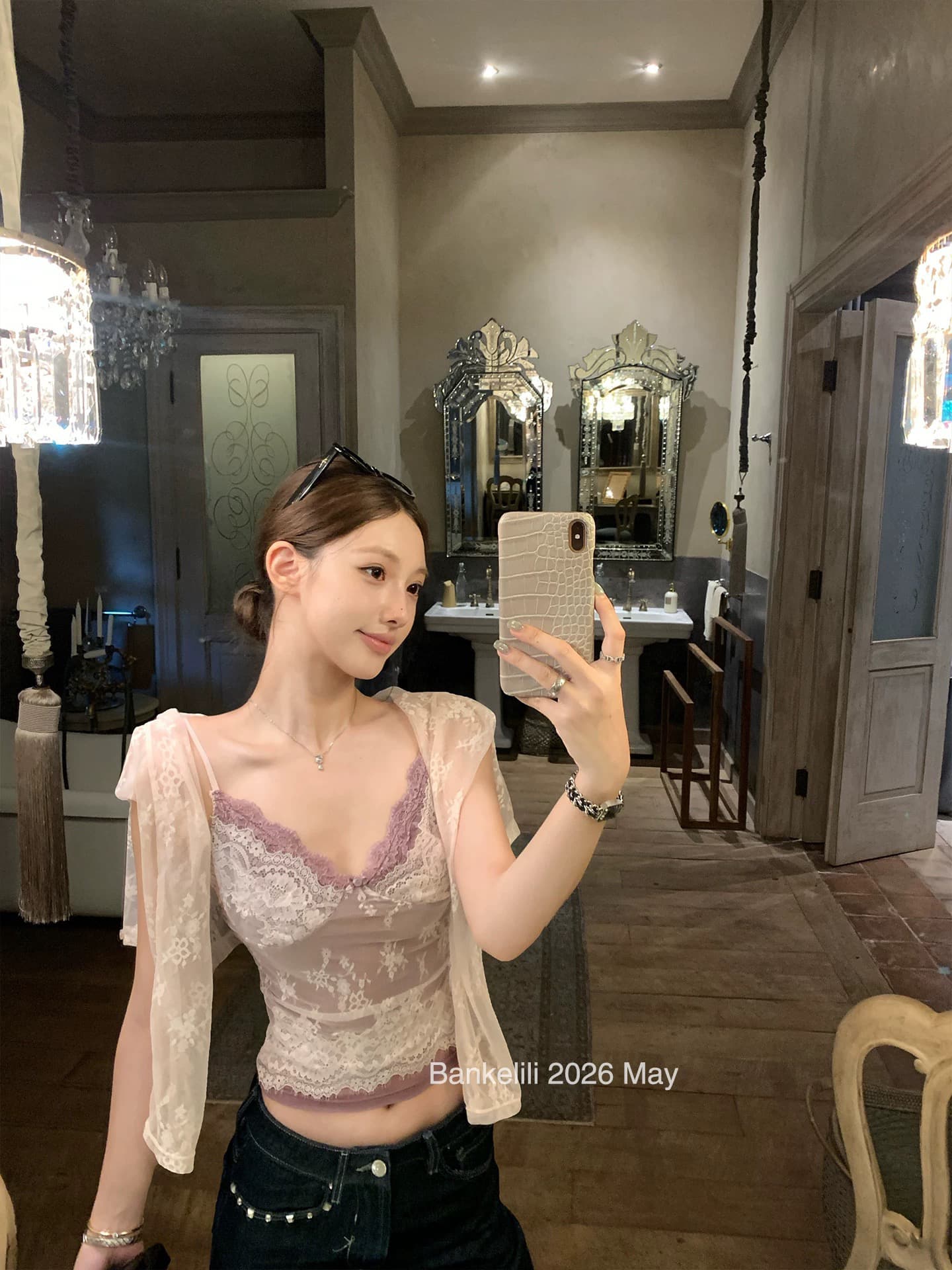 밤나무 코코아 bankelili 暮 빛 소녀 순수한 욕망 레이스 자카드 슬립 레이스 오픈 가디건 두 조각 여성 세트 상세 이미지 2