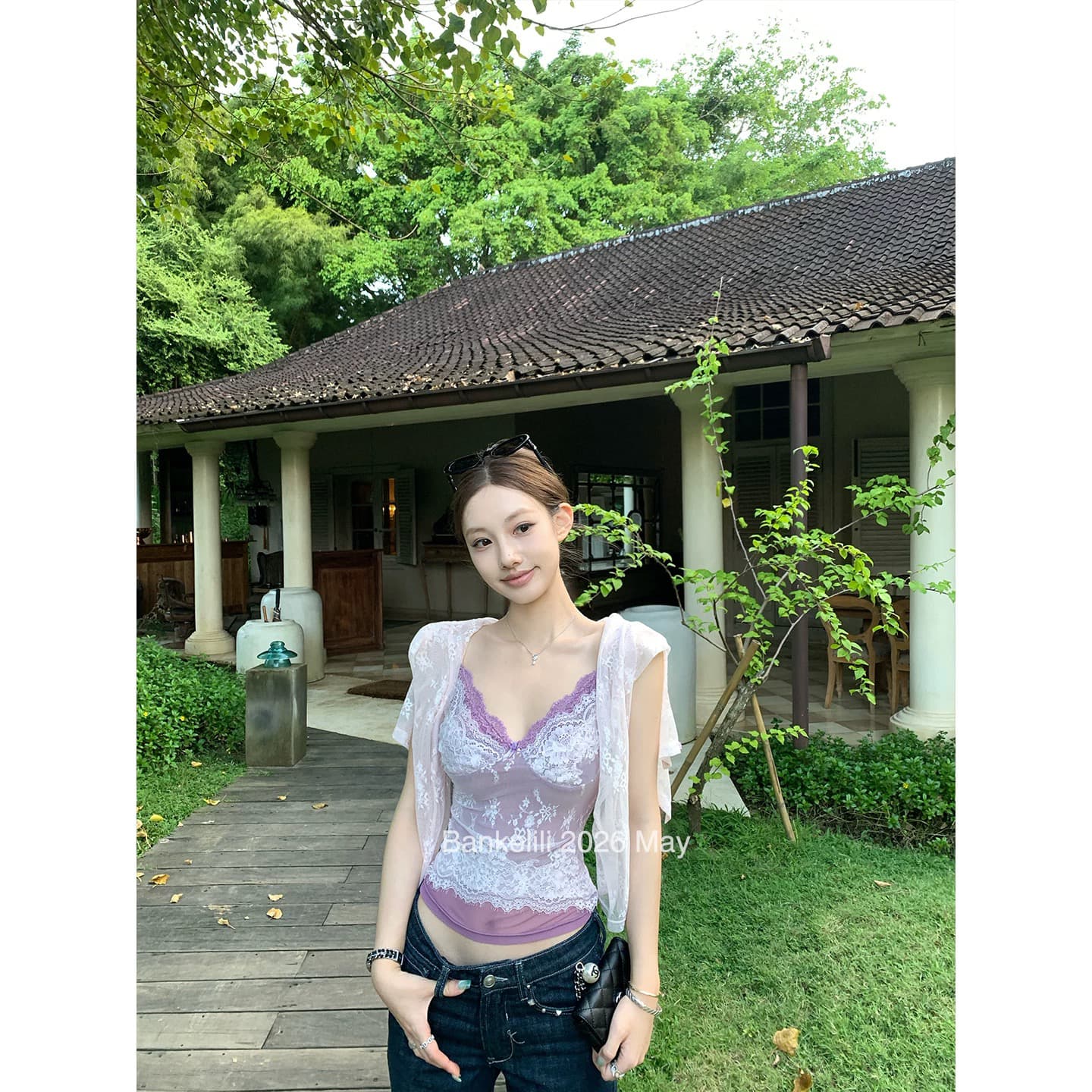 밤나무 코코아 bankelili 暮 빛 소녀 순수한 욕망 레이스 자카드 슬립 레이스 오픈 가디건 두 조각 여성 세트 상세 이미지 7