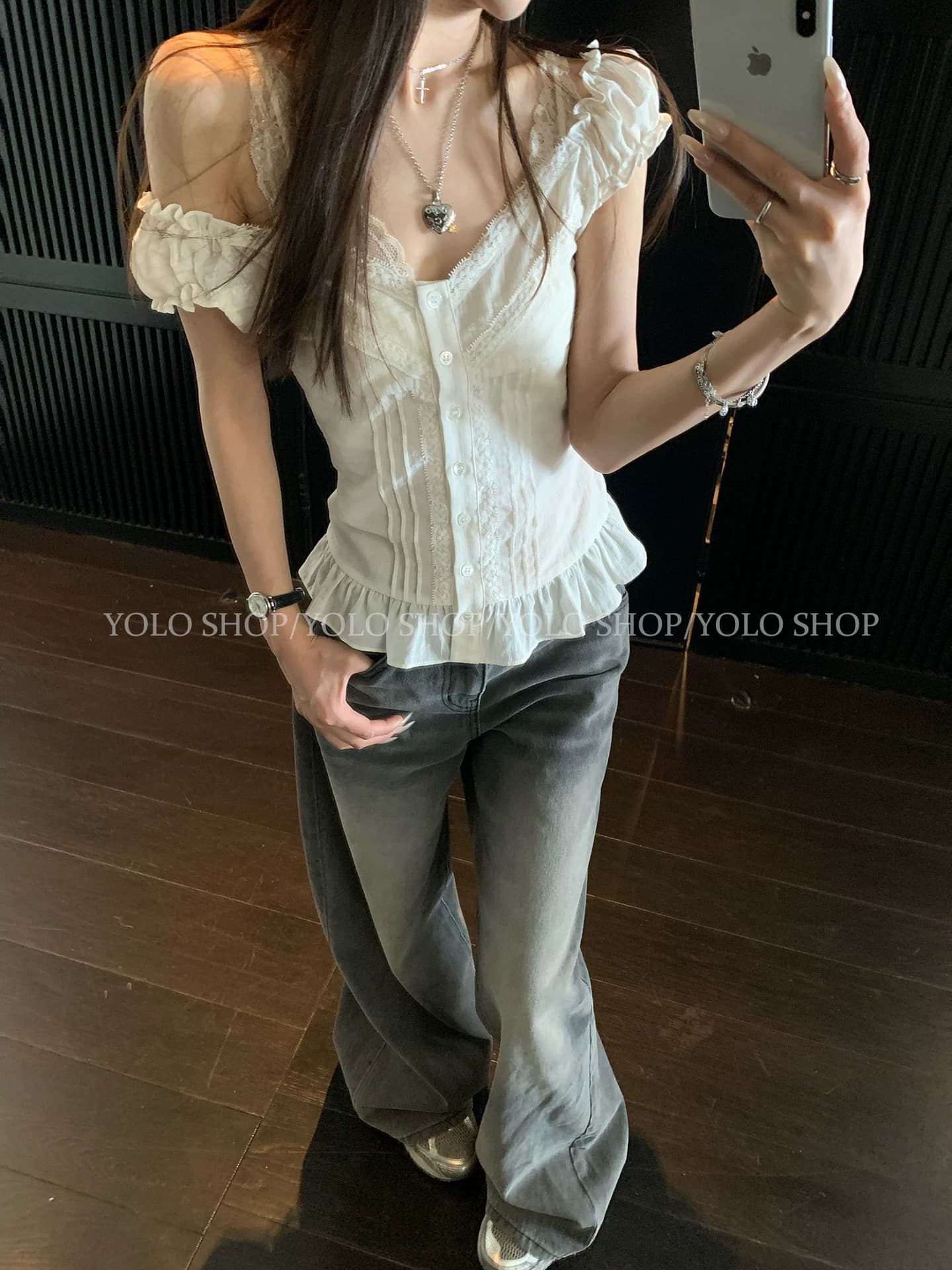 yolo shop 골동품 소녀 독립적 인 홈 레이스 디자인 스택 착용 순수한 욕망 프릴 여름 반팔 맨위 상세 이미지 2