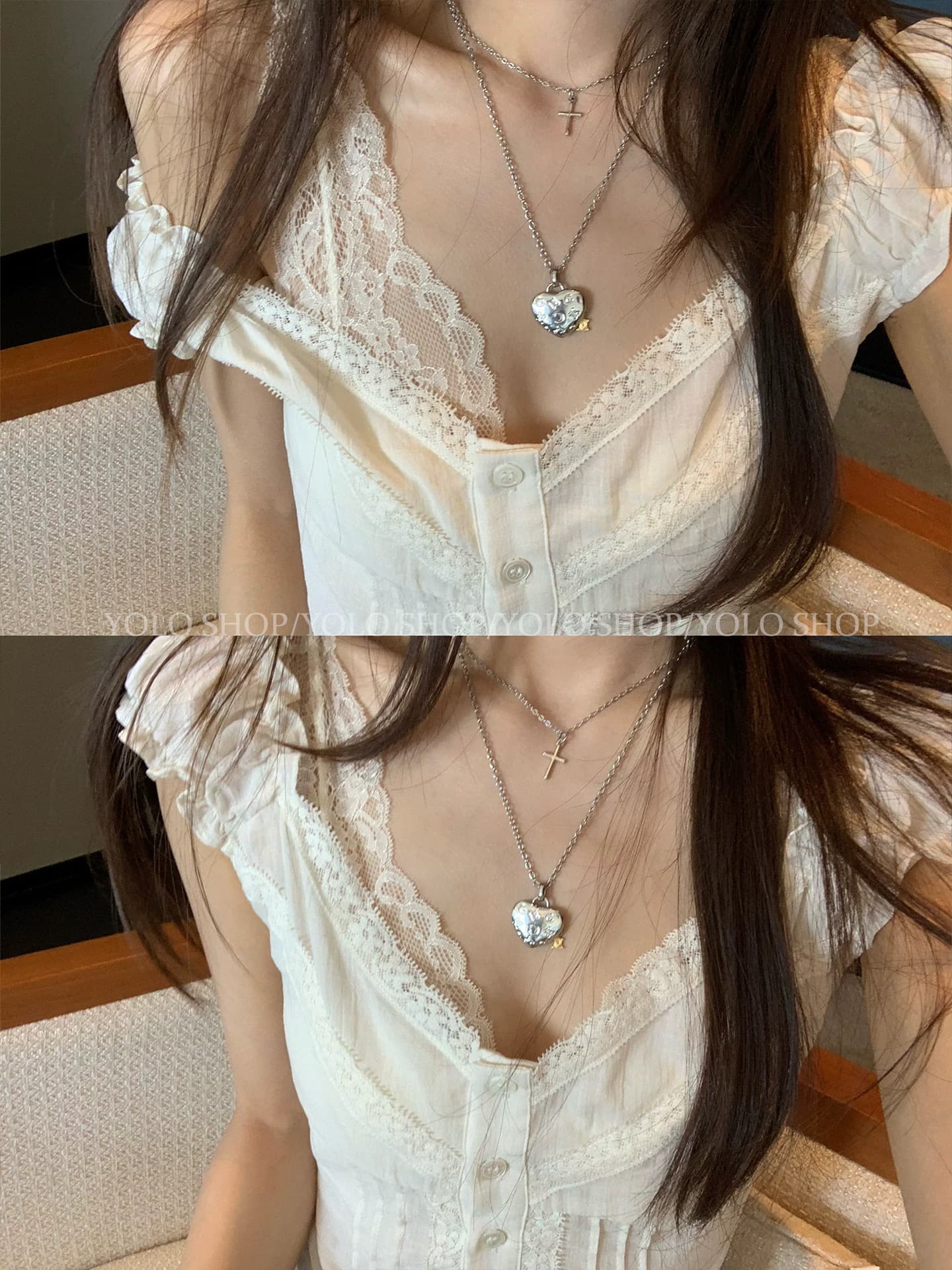yolo shop 골동품 소녀 독립적 인 홈 레이스 디자인 스택 착용 순수한 욕망 프릴 여름 반팔 맨위 상세 이미지 4