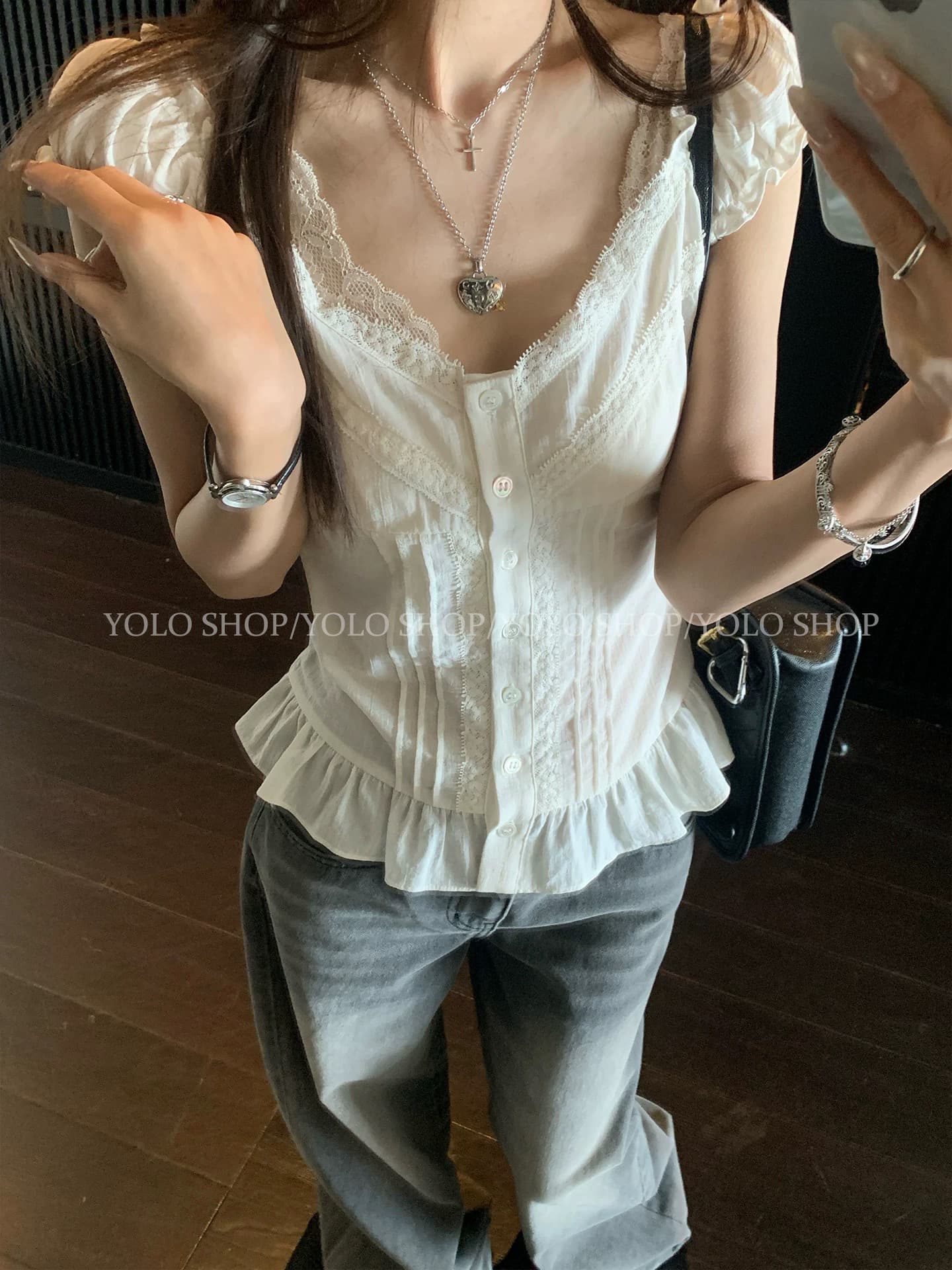 yolo shop 골동품 소녀 독립적 인 홈 레이스 디자인 스택 착용 순수한 욕망 프릴 여름 반팔 맨위 상세 이미지 5
