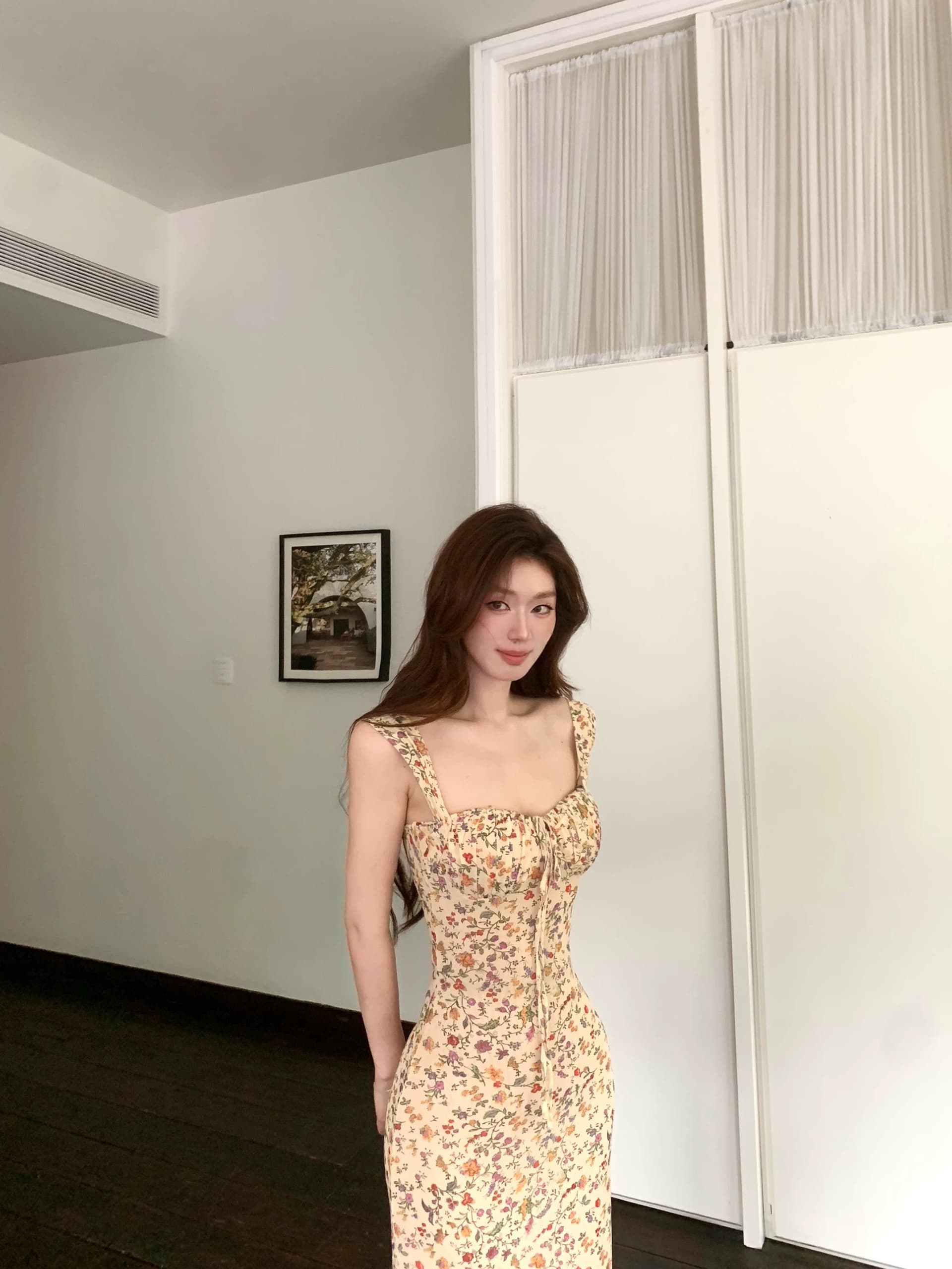 sya 크 사이 작은 웨스트 프랑스식 작은 꽃무늬 여성 드레스 여름 신축성 광장 칼라 허리 수축 길다 쇼트 스타일 슬립 드레스 머리카락 서클 상세 이미지 4