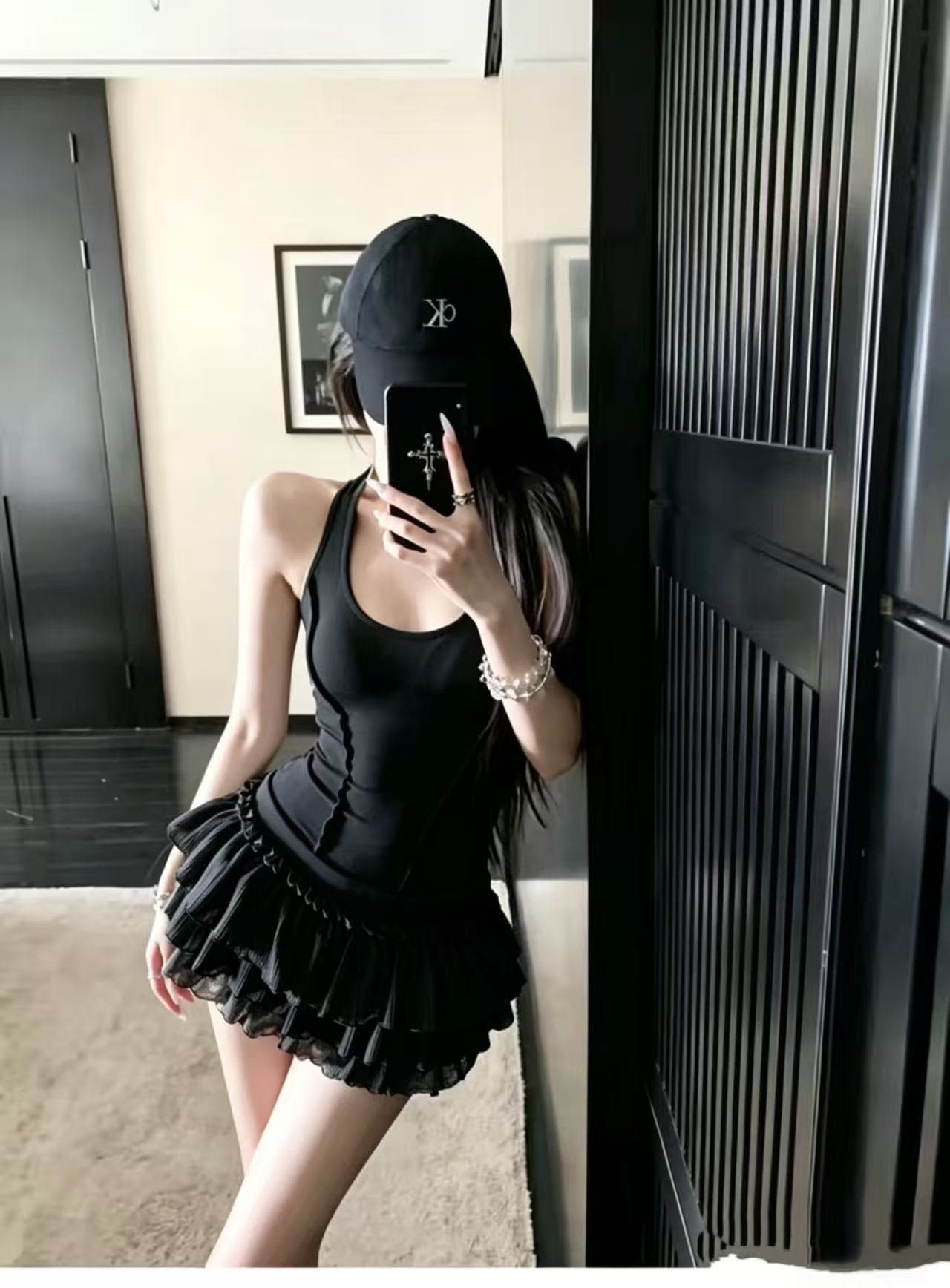 0ope 사설 서비스 한 여성 회색 행침 목 몸매 가꾸기 케이크 드레스 섹시함 핫걸 허리 수축 민소매 쇼트 스타일 드레스 상세 이미지 5