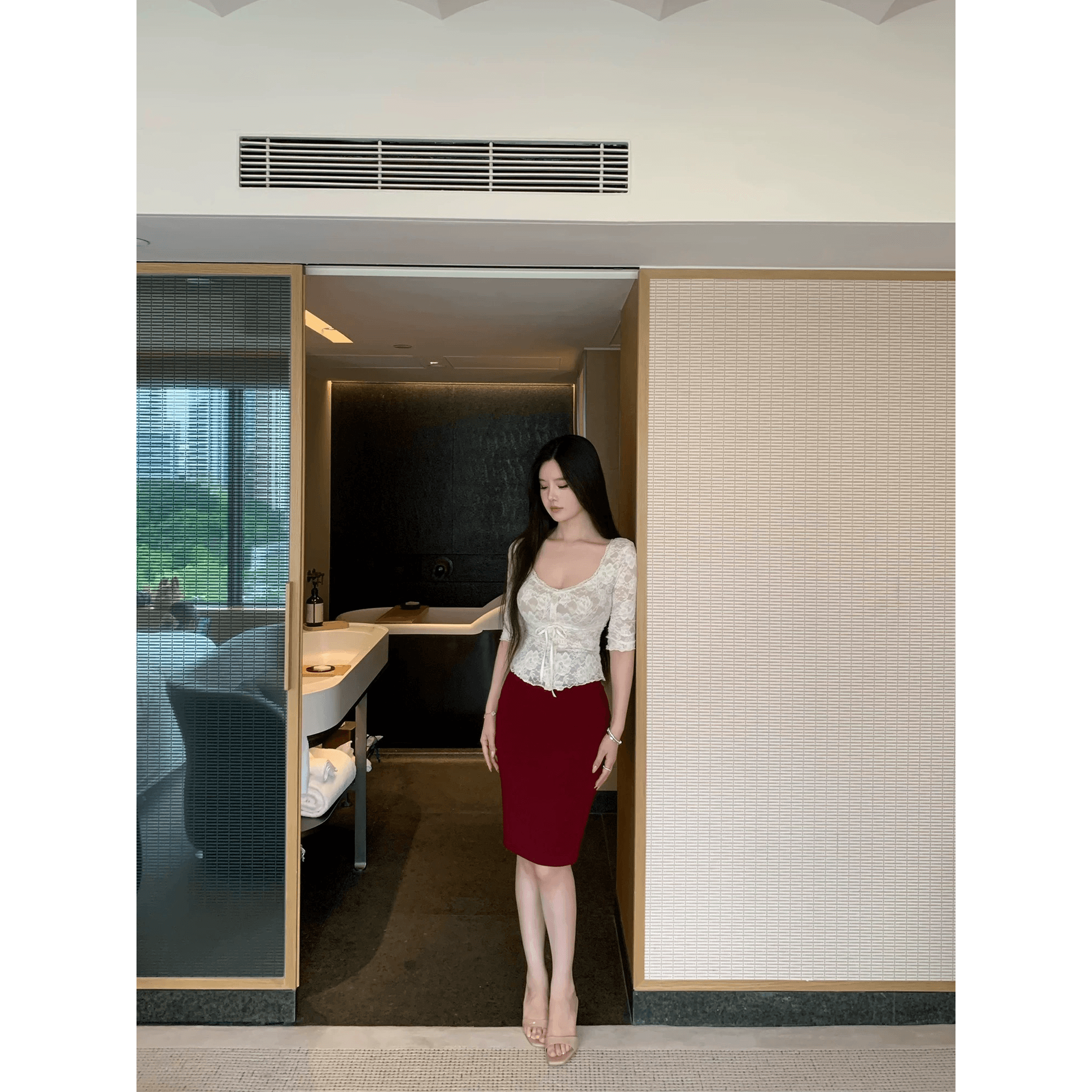 the swan 부문 피닉스 빛 럭셔리 부드러운 반면 이 뼈 순수한 욕망 부드러운 품격 레이스 셔츠 신축성 허리 수축 몸매 가꾸기 맨위 이미지 5