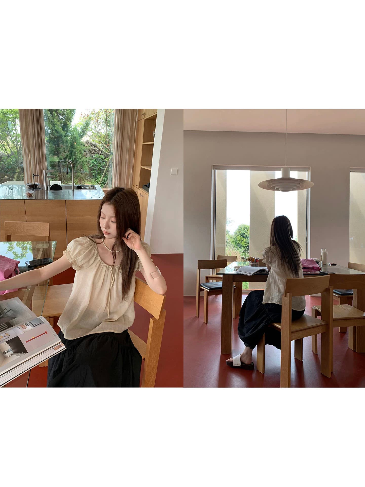 helloooeat 라미 밴딩 광장 칼라 레이스업 거품 소매 맨위 프로 피부 마이크로 ~을 통해 반팔 셔츠 상세 이미지 2