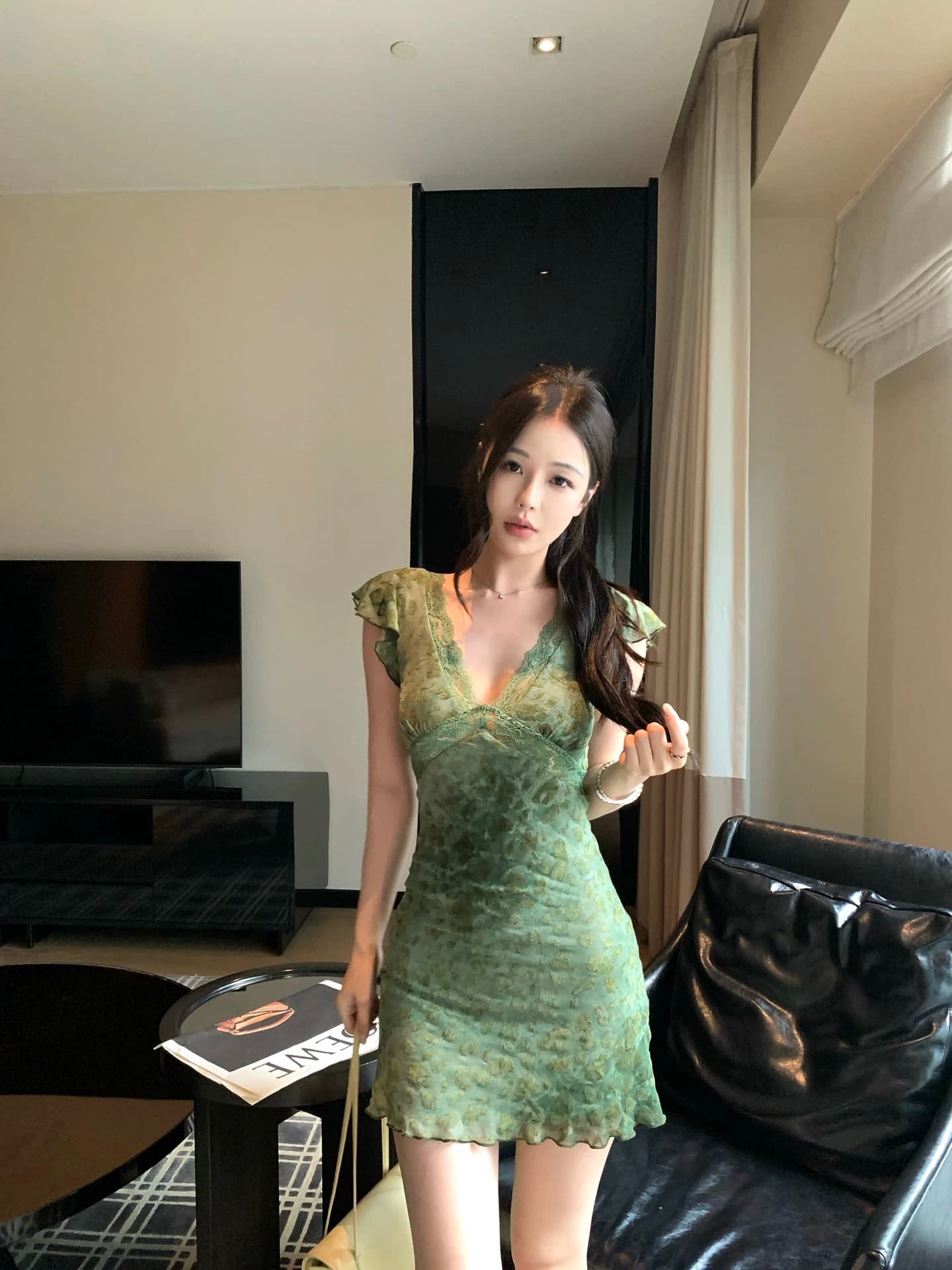 wuu2sweet 우 너무 달콤한 레이스 작은 날다 소매 비스듬한 자르다 레오파드 무늬 치마 여성 깊은 v 섹시함 몸매 가꾸기 허리 수축 드레스 상세 이미지 1
