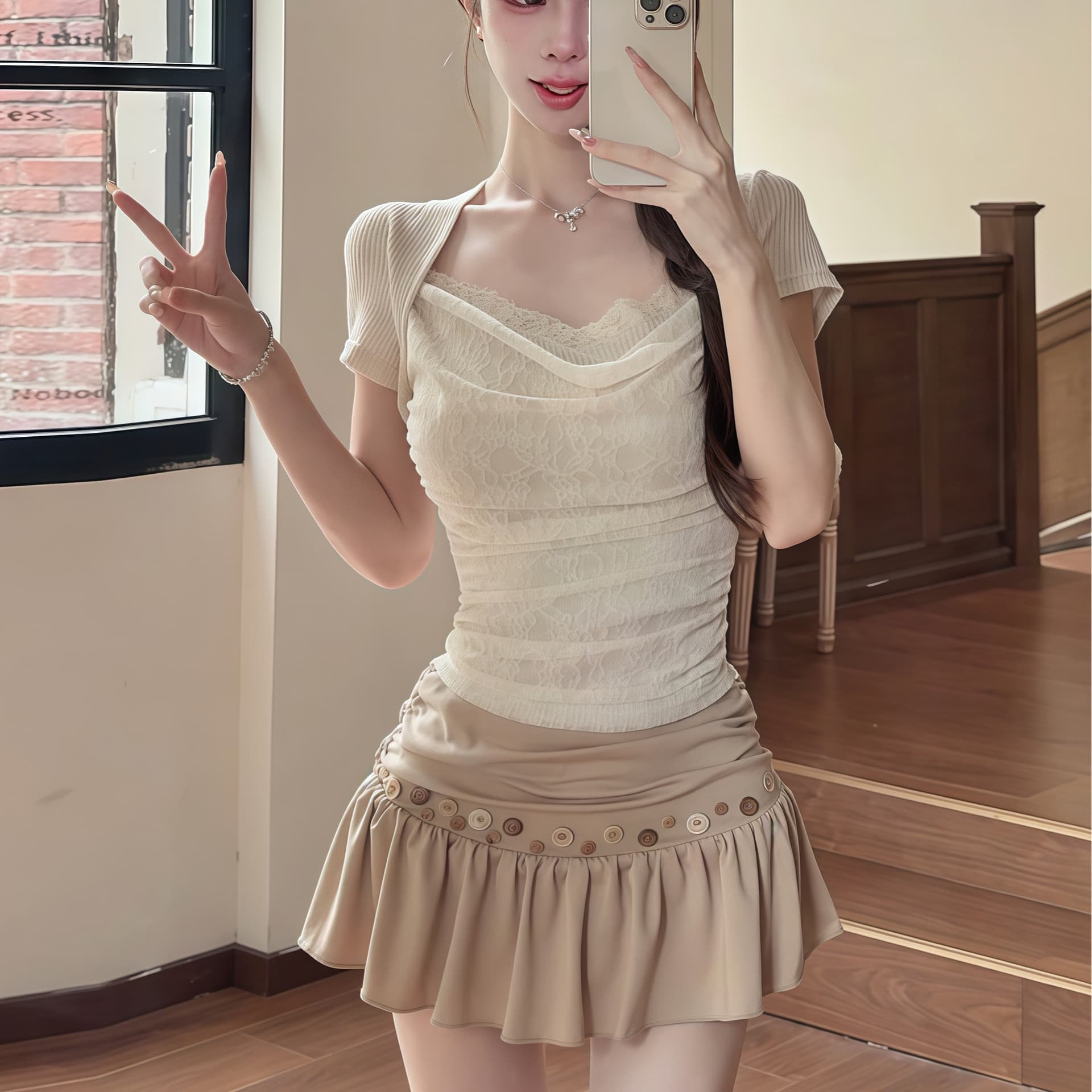 2026 여름 새로운 한 부서 순수한 욕망 핫걸 오프숄더 레이스 조각 맨위 디자인 센스 한 마디 반신 미니 스커트 이미지 4