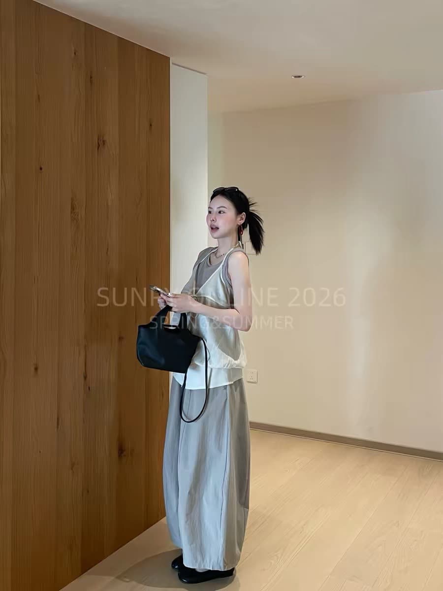 sunry online 세련된 스택 착용 ins 분위기 센스 느긋한 느슨함 디자인 센스 조끼 행침 목 사실 투피스 세트 이미지 2