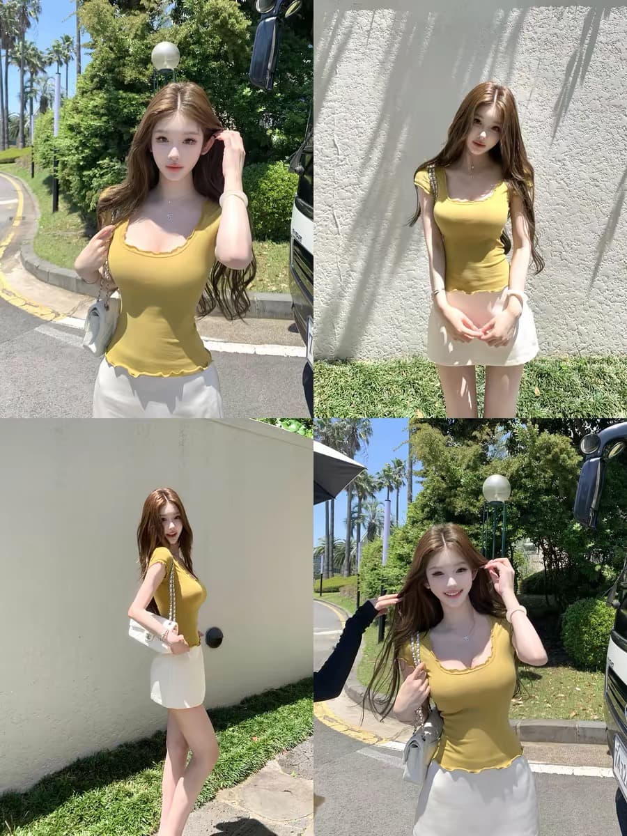 jmshop 아름다움 욕망 빛 요리 한 tee 정회원 보존 주간 실크 양모 니트 티셔츠 u 칼라 물결무늬 측면 상세 이미지 4