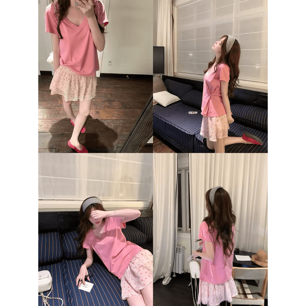 ptonumi 다른 학위 분말 V넥 눈꽃 면 마이크로 긍정적 인 어깨 반팔 티셔츠 여성 한국 스타일 상의 루즈핏 맨위 이미지 5