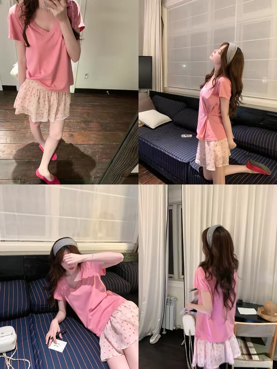 ptonumi 다른 학위 분말 V넥 눈꽃 면 마이크로 긍정적 인 어깨 반팔 티셔츠 여성 한국 스타일 상의 루즈핏 맨위 상세 이미지 5