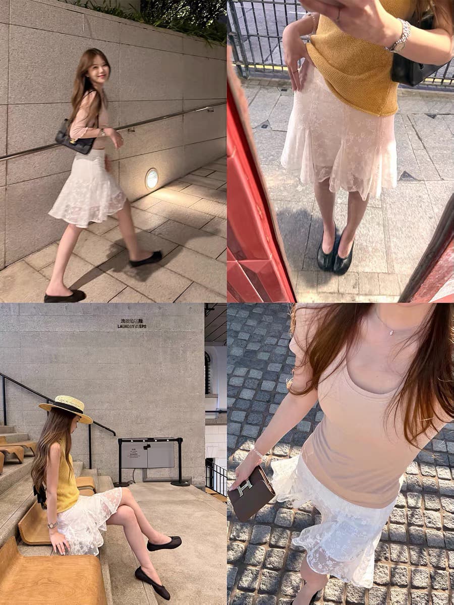 yookson 여름 섬 꽃 정보 소녀 가벼움 센스 레이스 쉬폰 스커트 꽃무늬 A라인 스커트 중간 스커트 슬림해 보이는 반신 스커트 이미지 2