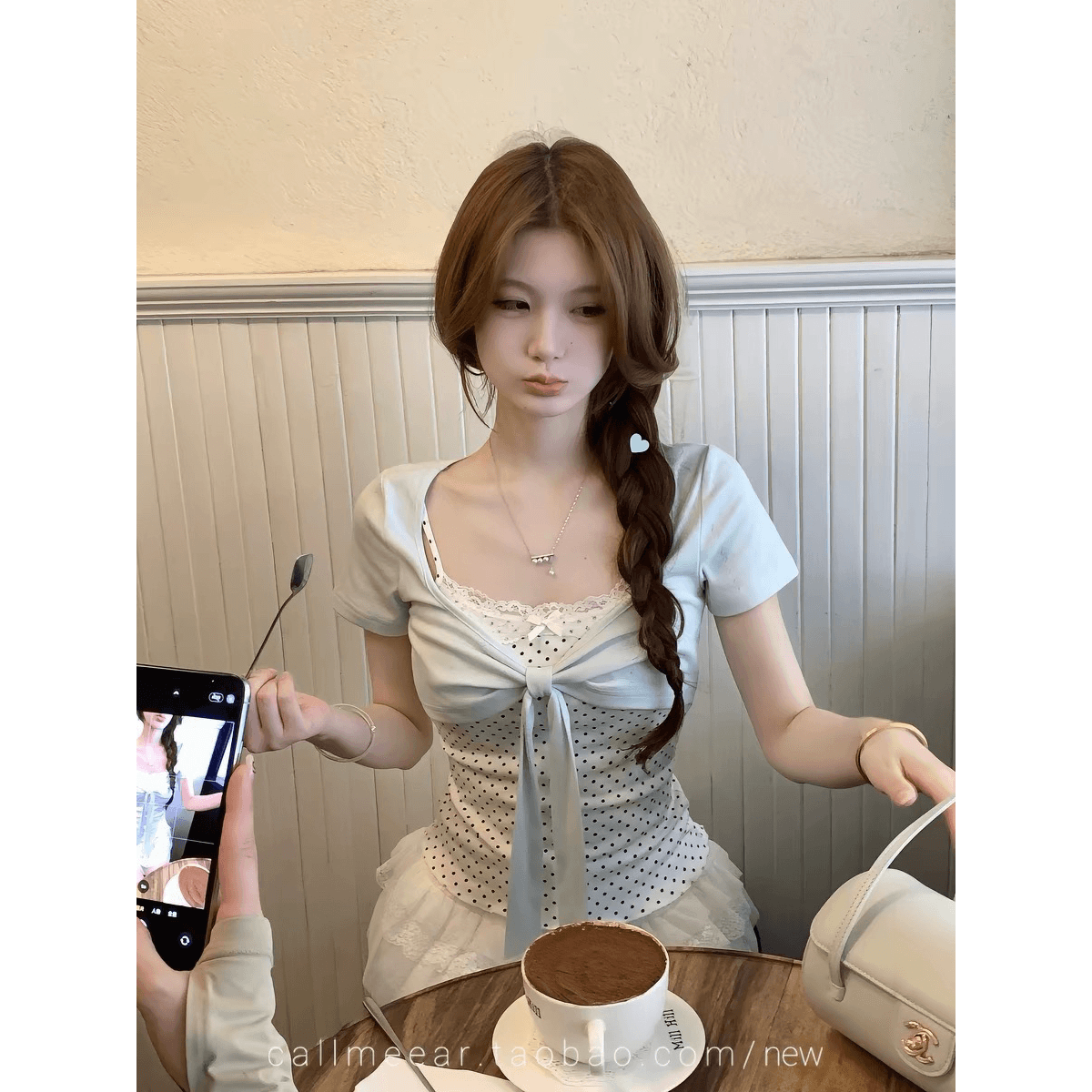 callmeear 배색 나비 매듭 티셔츠 패치워크 디자인 센스 페이크 레이어드 u 칼라 반팔 맨위 여성 여름 이미지 5