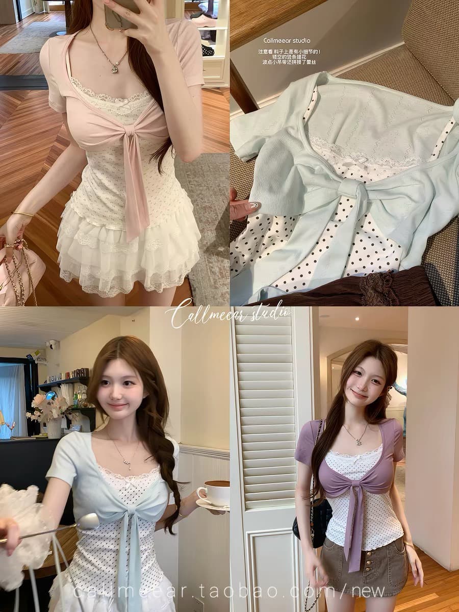 callmeear 배색 나비 매듭 티셔츠 패치워크 디자인 센스 페이크 레이어드 u 칼라 반팔 맨위 여성 여름 상세 이미지 1