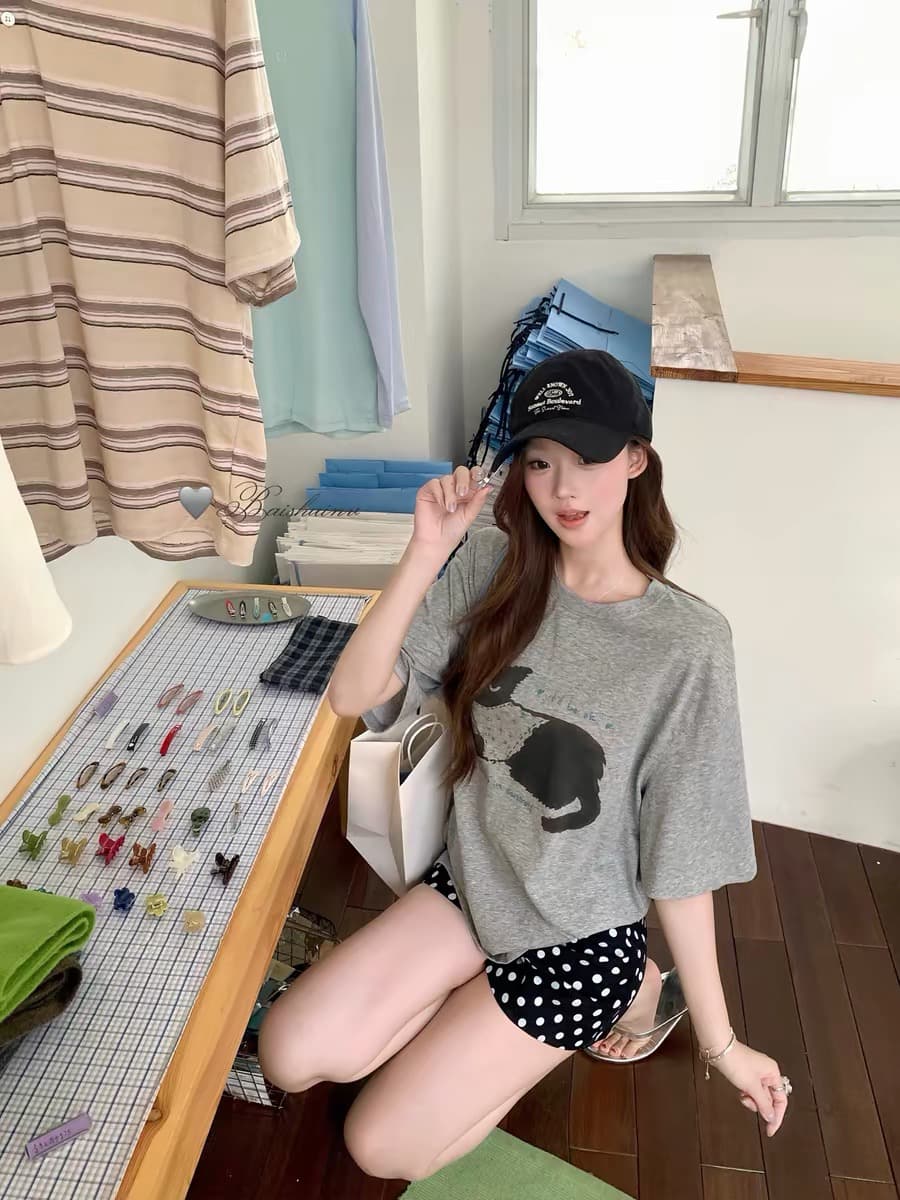 화이트 워터 여성 야옹 야옹 일기 고양이 프린트 라운드 넥 티셔츠 여성 여름 한 부서 귀여운 루즈핏 느긋한 센스 맨위 이미지 3