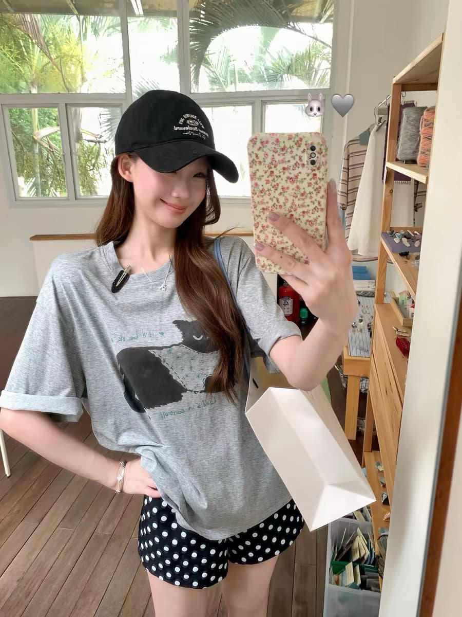 화이트 워터 여성 야옹 야옹 일기 고양이 프린트 라운드 넥 티셔츠 여성 여름 한 부서 귀여운 루즈핏 느긋한 센스 맨위 상세 이미지 2
