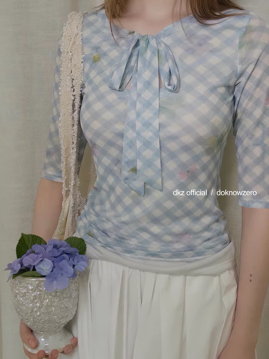 dkz 파란색 망사 페이크 레이어드 티셔츠 여성 몸매 가꾸기 레트로 체크무늬 프린트 맨위 상세 이미지 2
