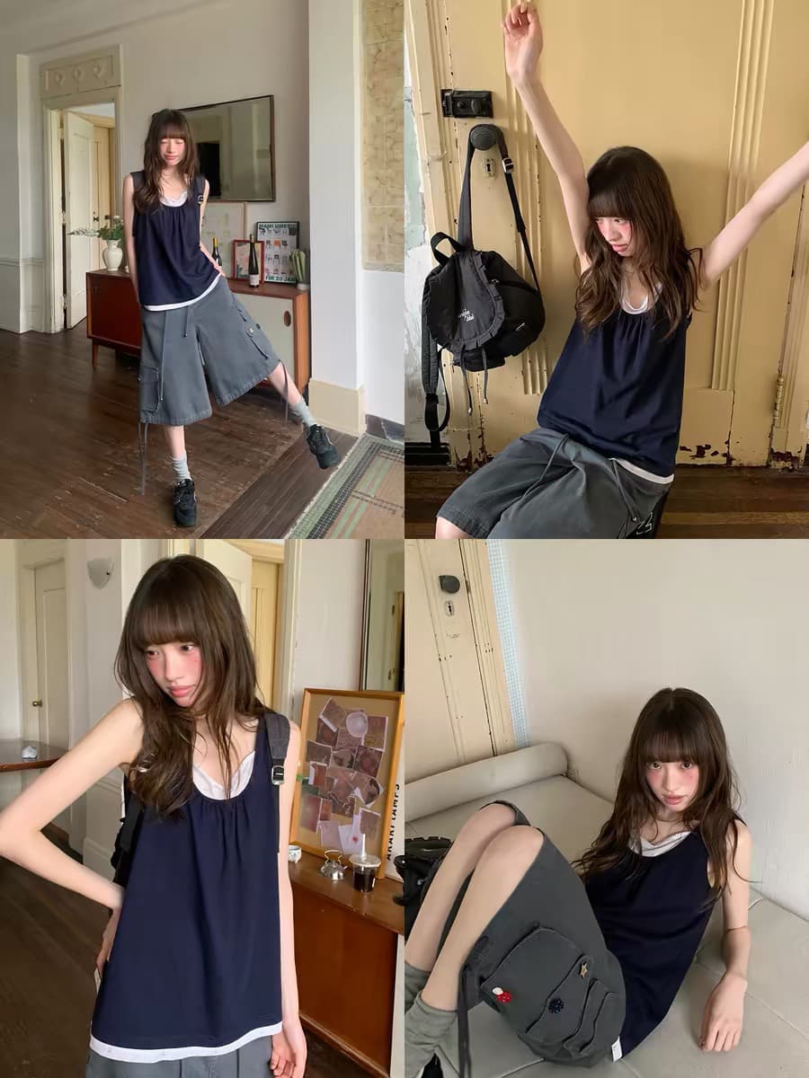안녕하세요. 대포 페이크 레이어드 패치워크 조끼 여성 여름 새로운 한 부서 작은 루즈핏 디자인 센스 니트 스웨터 맨위 상세 이미지 1