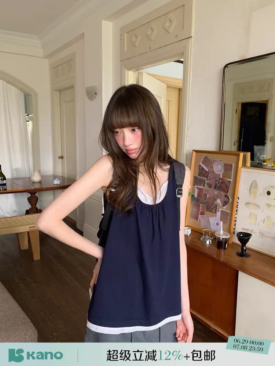 안녕하세요. 대포 페이크 레이어드 패치워크 조끼 여성 여름 새로운 한 부서 작은 루즈핏 디자인 센스 니트 스웨터 맨위 상세 이미지 4