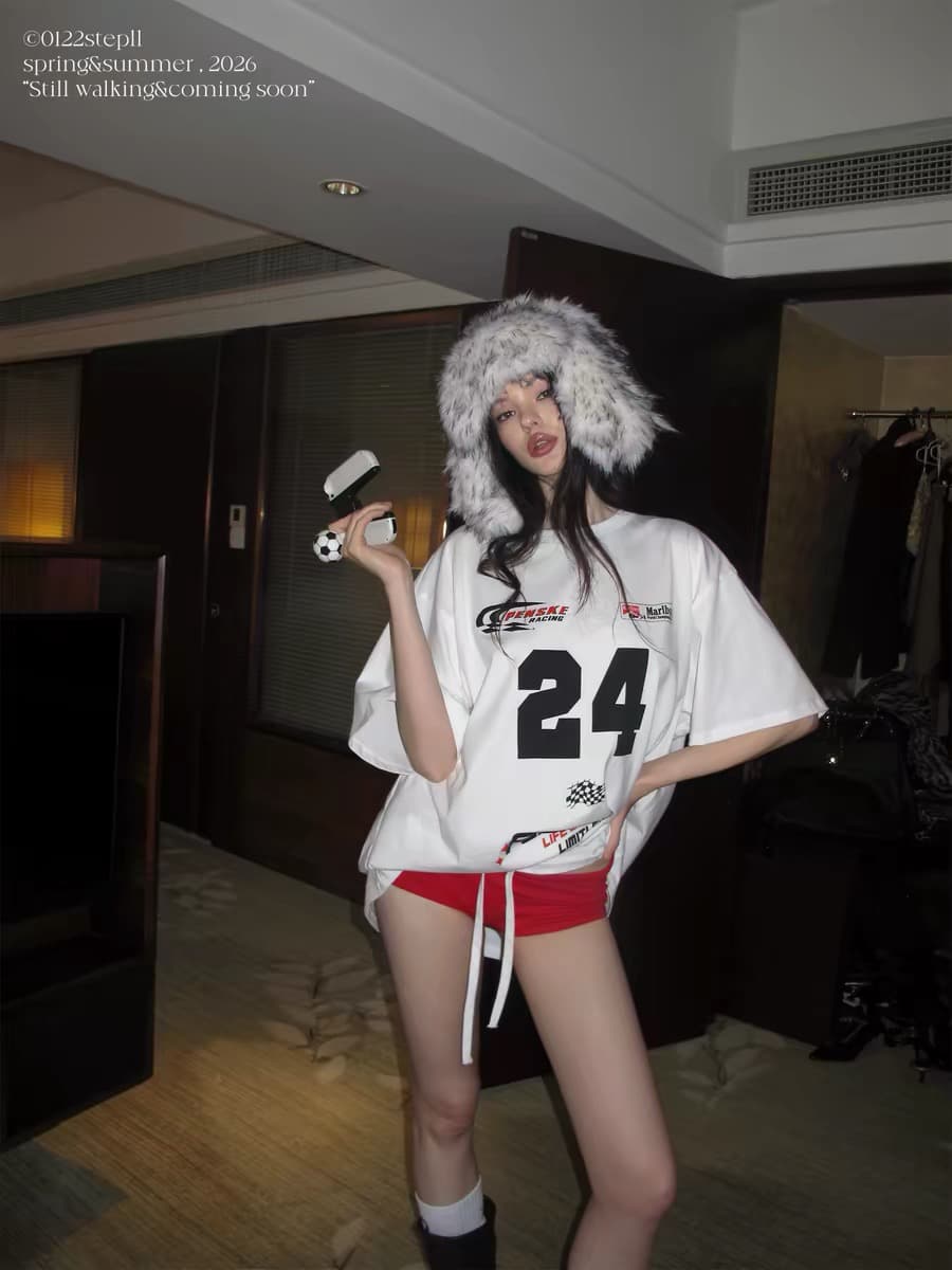 0122stepll 트랙 경향 화이트 루즈핏 프린트 티셔츠 여성 순면 캐주얼 대 에디션 가을 어깨 반팔 맨위 상세 이미지 5