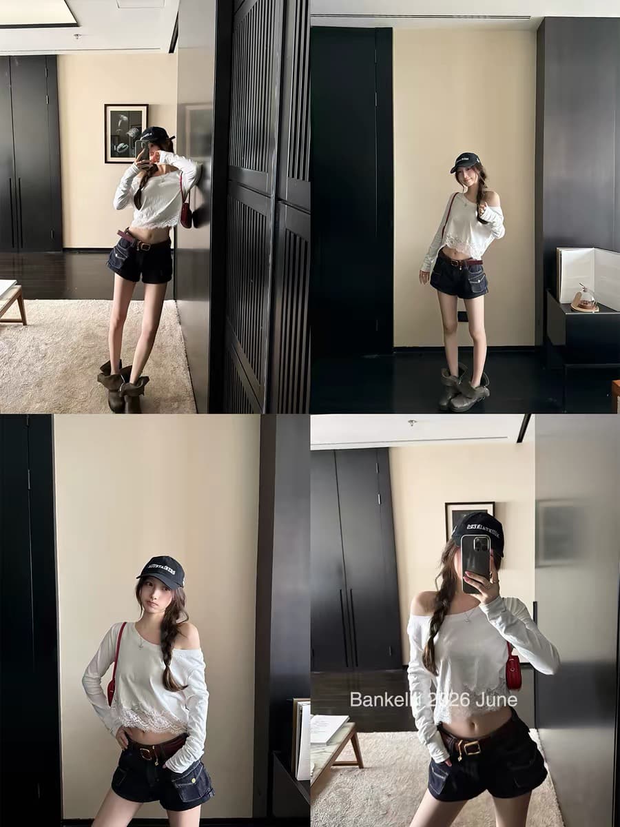 밤나무 코코아 bankelili Jiao 욕망 그리드 새싹 m1u 부서 레이스 조각 긴팔 티셔츠 여성 얇은 스타일 자외선 차단 여성 상세 이미지 2