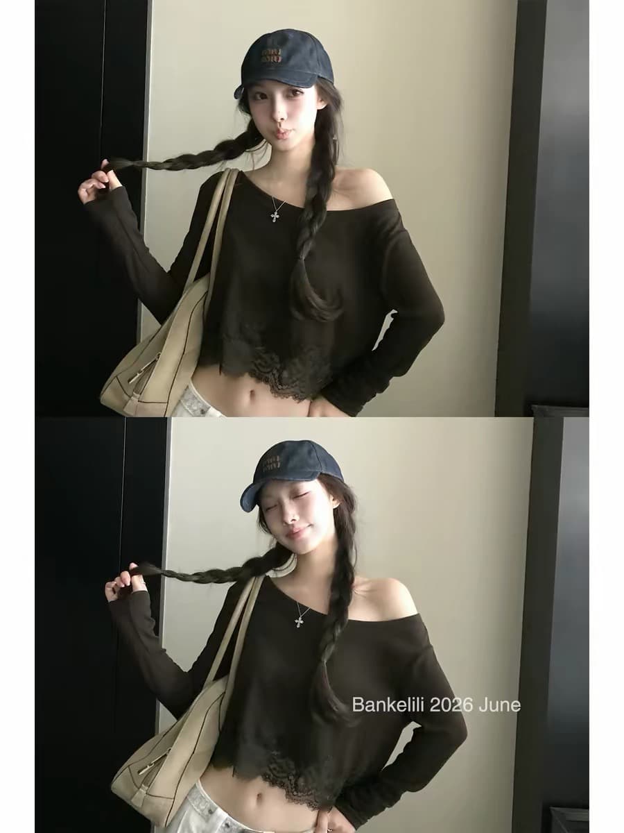 밤나무 코코아 bankelili Jiao 욕망 그리드 새싹 m1u 부서 레이스 조각 긴팔 티셔츠 여성 얇은 스타일 자외선 차단 여성 상세 이미지 3