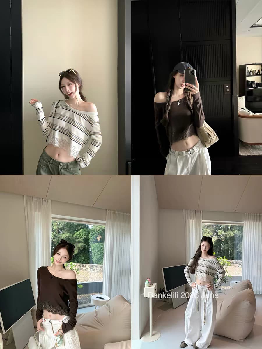 밤나무 코코아 bankelili Jiao 욕망 그리드 새싹 m1u 부서 레이스 조각 긴팔 티셔츠 여성 얇은 스타일 자외선 차단 여성 상세 이미지 4