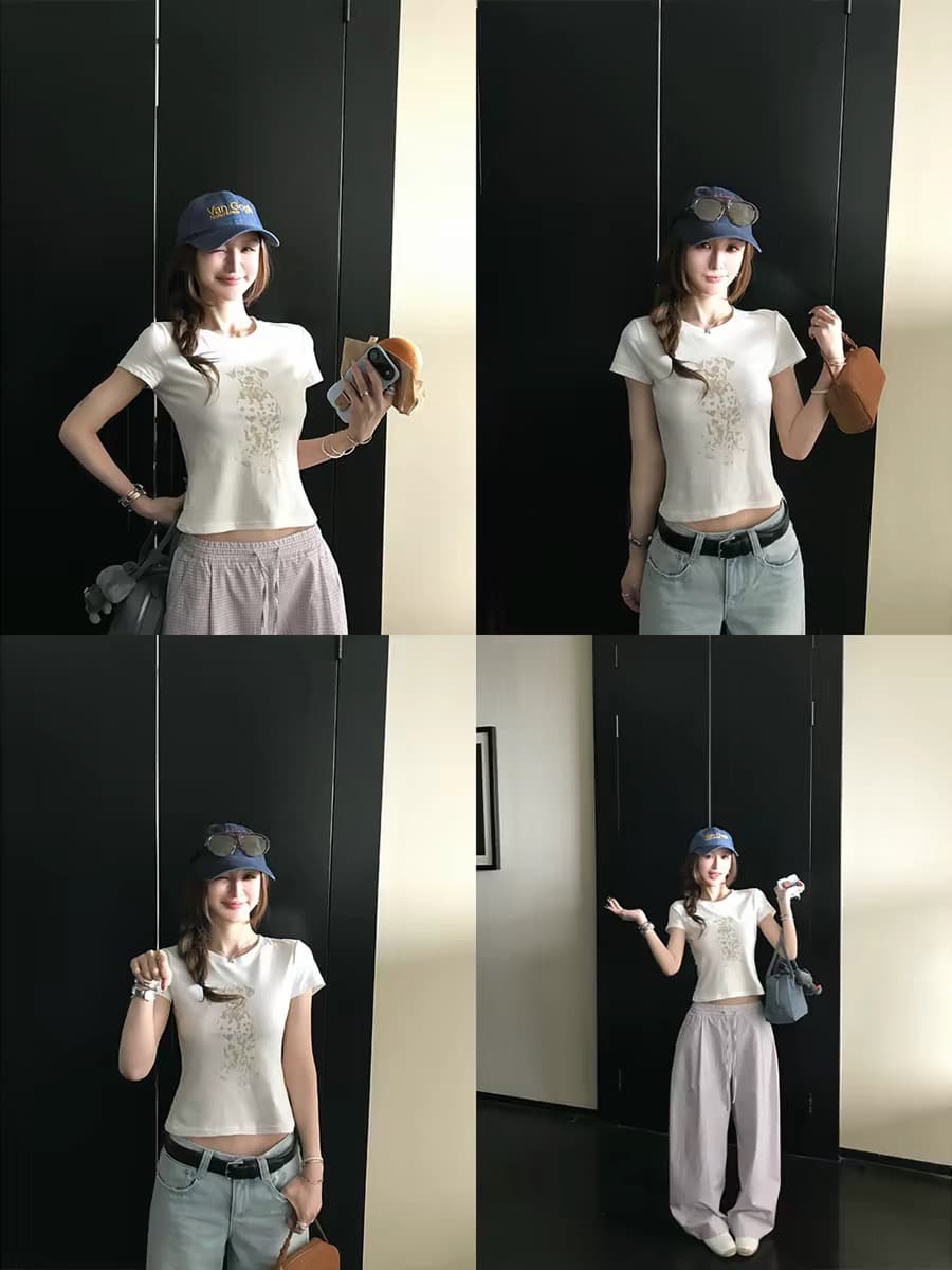 puppy 스팟 강아지 t 높음 제품 대나무 마디 면 린넨 얇은 부드러운 통기성 긍정적 인 어깨 라운드 넥 날다 소매 마 오래된 프린트 티셔츠 상세 이미지 4