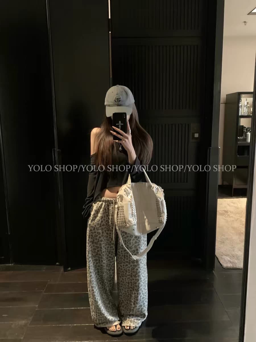 yolo shop 안개 센스 레오파드 무늬 프린트 캐주얼 루즈핏 와이드 레깅스 바지 여름 높음 그램 무거운 스트레이트 운동 긴 바지 이미지 3