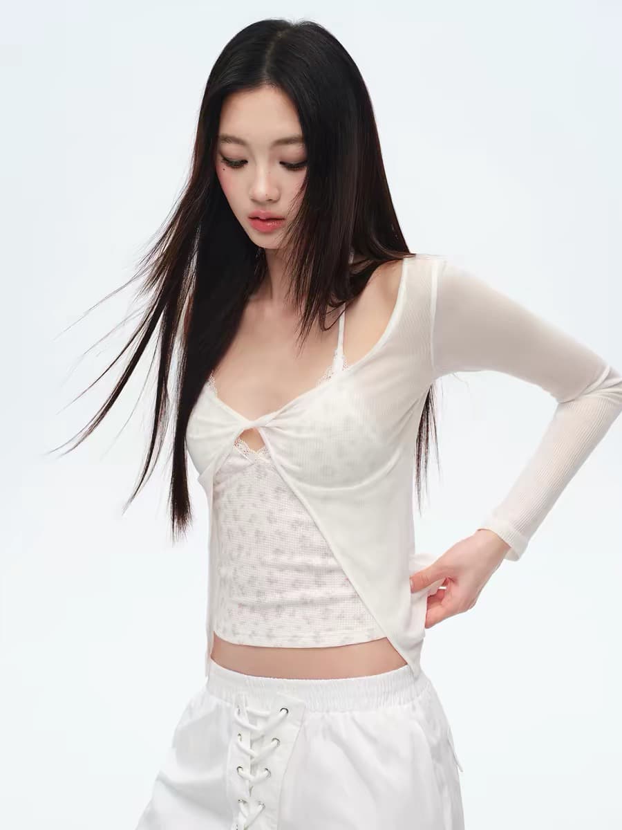 trendkill 오리지널 한 부서 순수한 욕망 바람 행침 목 슬립 비틀림 디자인 얇은 스타일 자외선 차단 블라우스 투피스 세트 상세 이미지 3