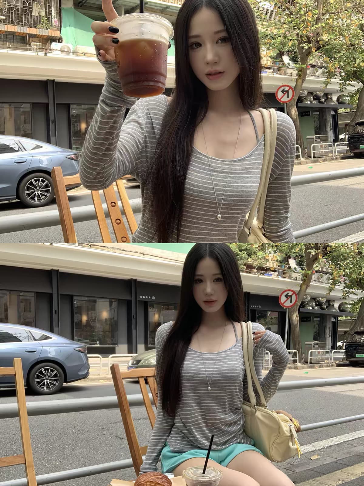 레드 맨 파빌리온 자외선 차단 블라우스 여성 2026 새로운 여름 착용 가져 가라. 긴팔 티셔츠 회색 스트라이프 루즈핏 한 첨부 된 의류 이미지 2