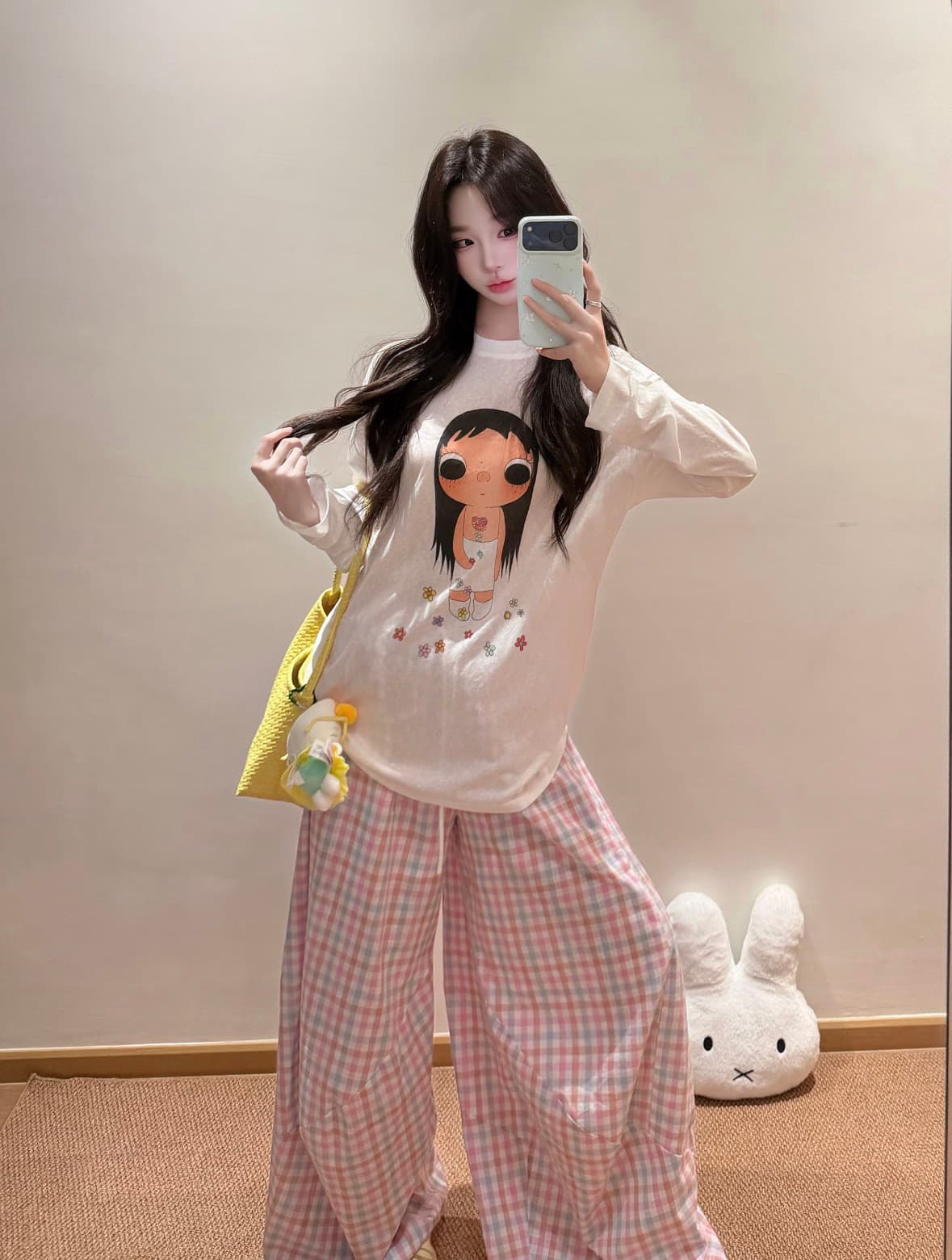 한 부서 수 있습니다. 작은 사랑 옥 꽃 프린트 긴팔 티셔츠 여성 여름 루즈핏 캐주얼 작은 대중 디자인 센스 다용도 맨위 상세 이미지 2