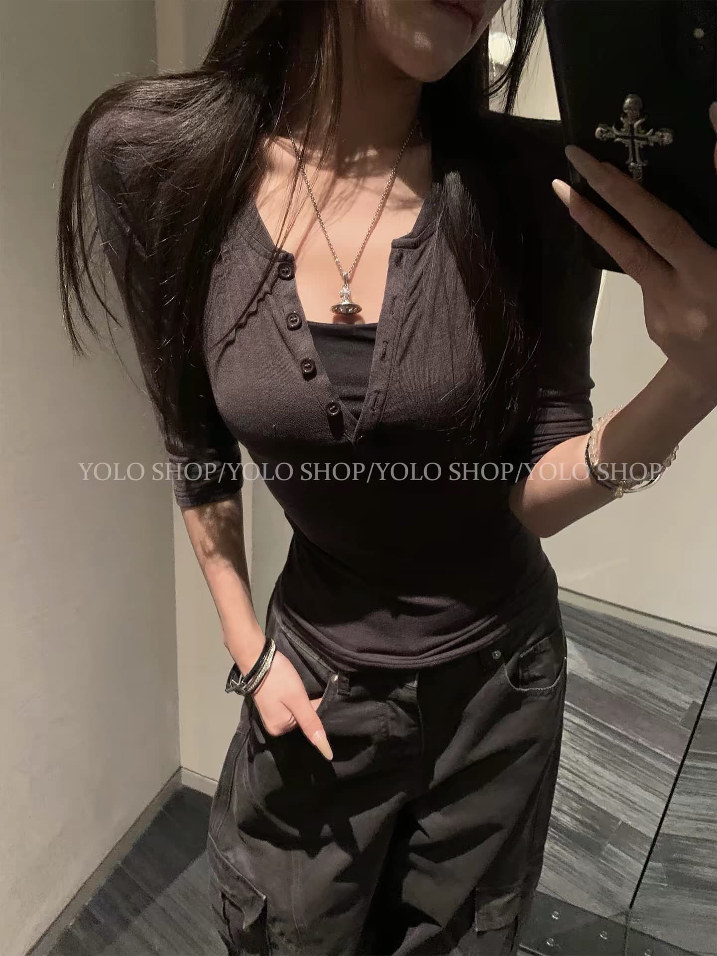 yolo shop 주간 실크 양모 헨리 칼라 몸매 가꾸기 슬림해 보이는 만나는 맨위 고급 센스 품격 중간 소매 티셔츠 여성