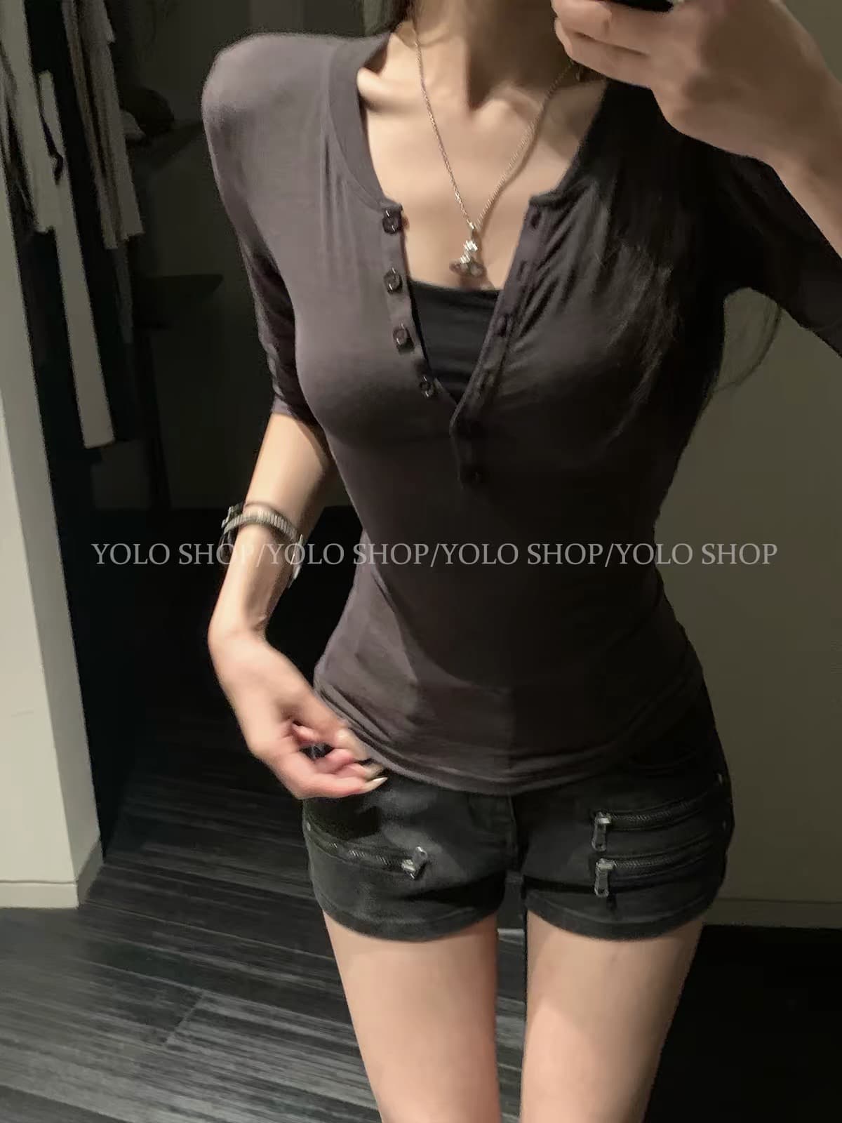 yolo shop 주간 실크 양모 헨리 칼라 몸매 가꾸기 슬림해 보이는 만나는 맨위 고급 센스 품격 중간 소매 티셔츠 여성 이미지 3