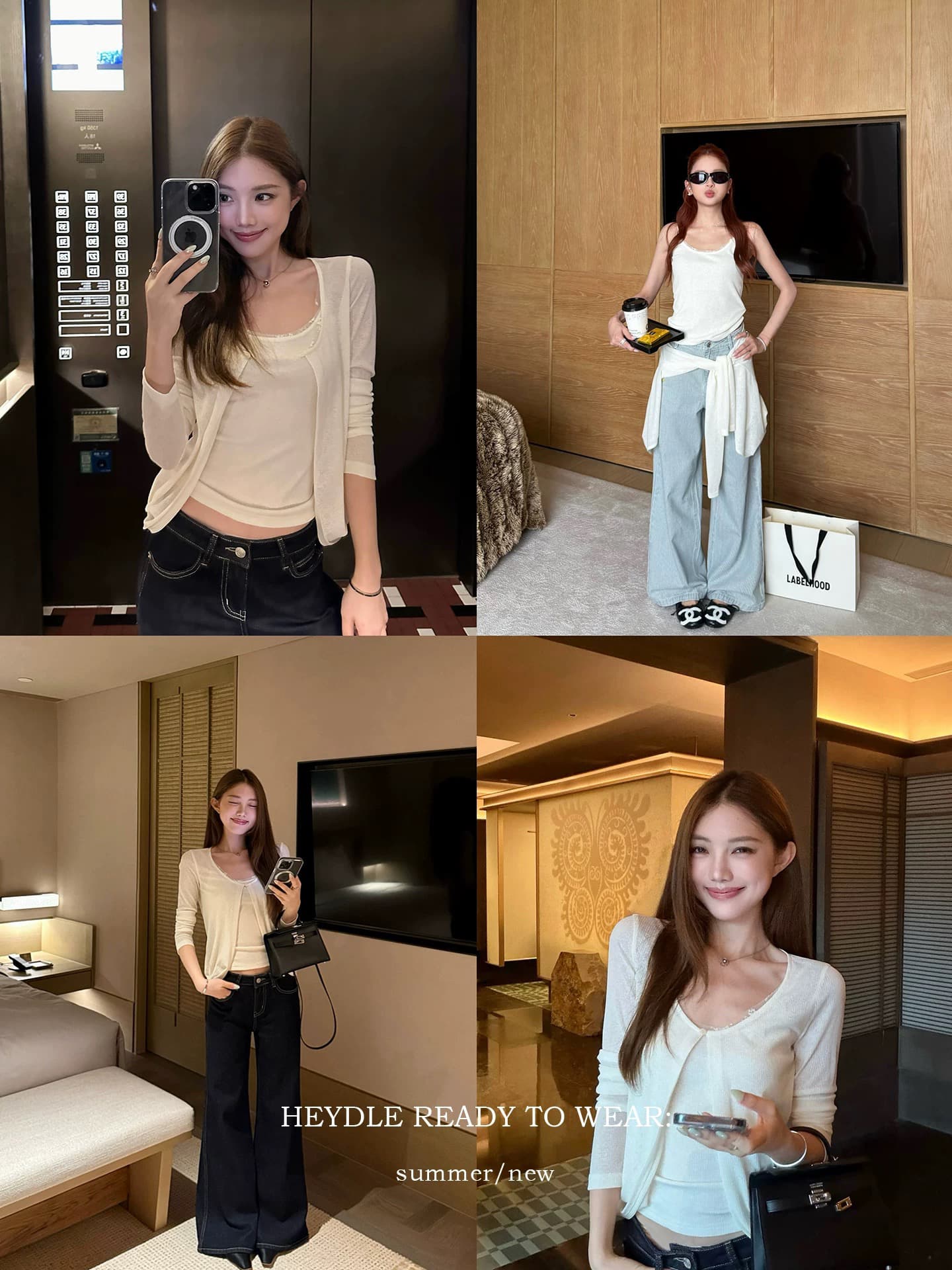 검은 콩 흠 화이트 동백 나무 이야기 레이스 조각 대 u 칼라 니트 오픈 가디건 품격 캐미솔 투피스 세트 상세 이미지 1