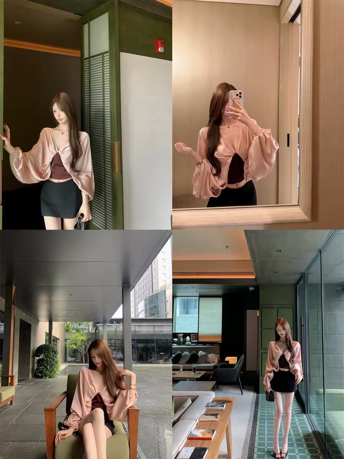 jayky yangzimmer ann 27ss 레트로 센스 V넥 핀치 Pleat 맨위 배색 패치워크 셔츠 상세 이미지 5