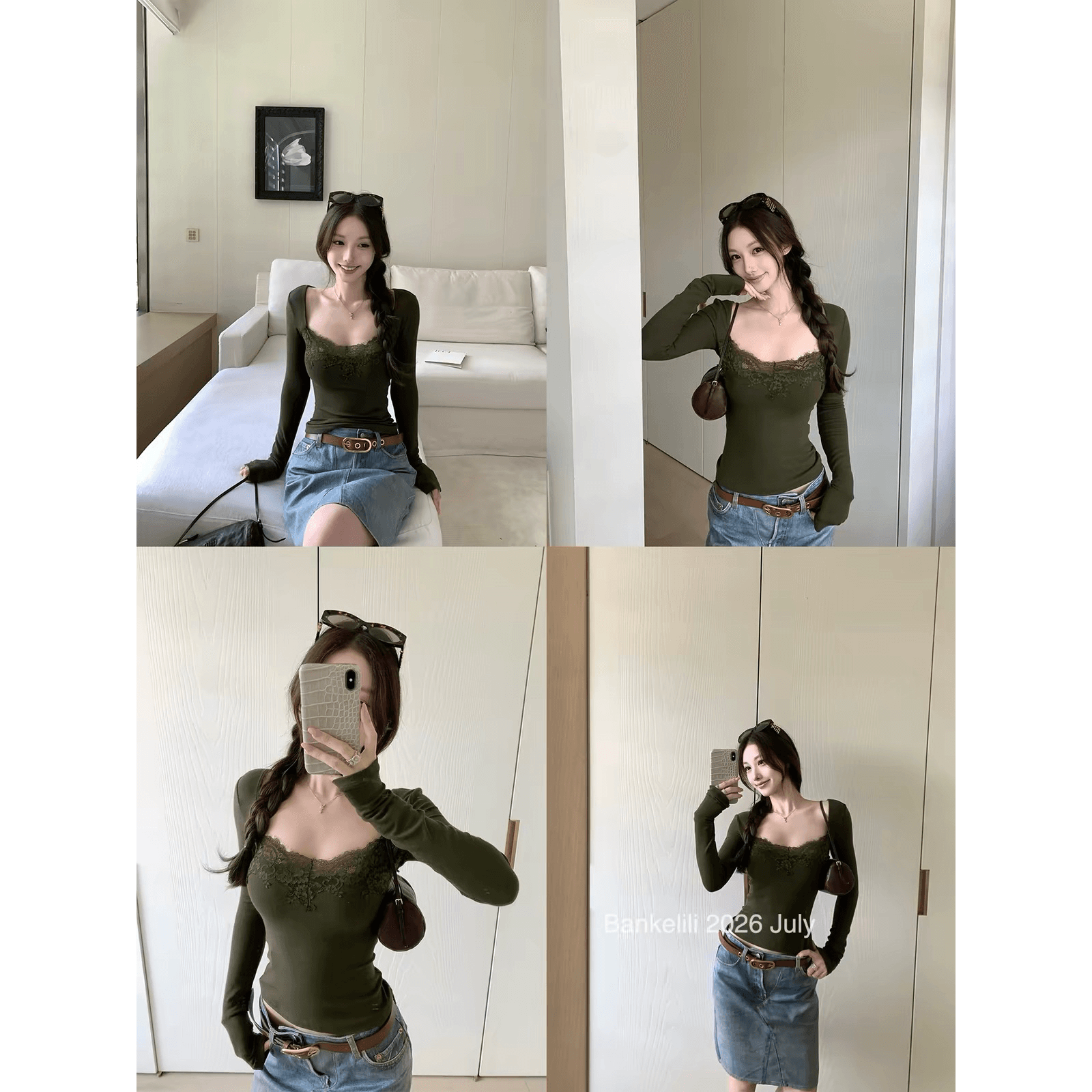 밤나무 코코아 bankelili 한 여성 근육 바닥 의류 레이스 인사이드 가져 가라. 우아함 광장 칼라 긴팔 기본 셔츠 여성 이미지 5