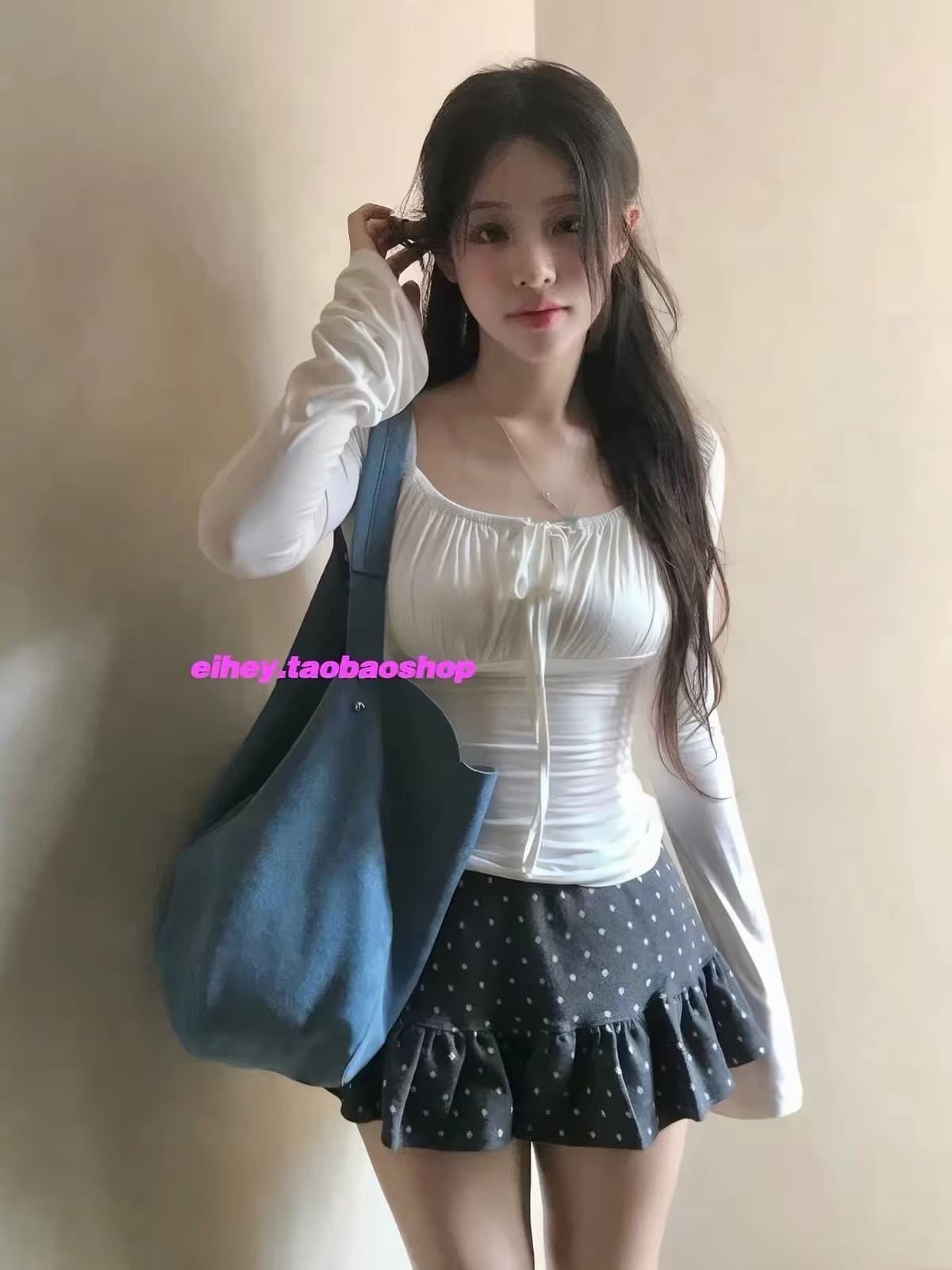 새로운 부드러운 분위기 센스 나비 매듭 스트랩 주름 캐주얼 긴팔 맨위 달콤함 티셔츠 인사이드 가져 가라. 상세 이미지 3
